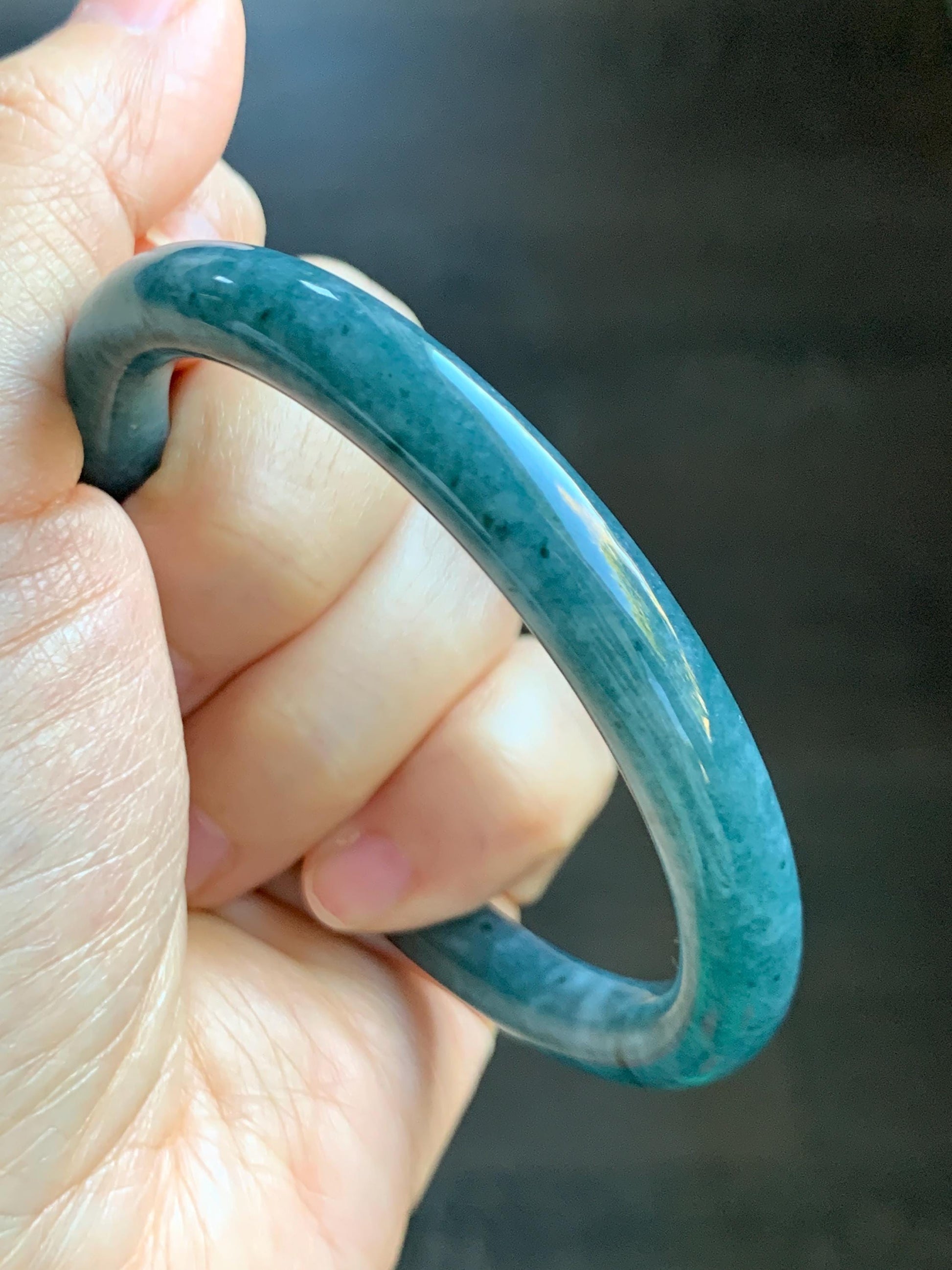 Certified Natural Grade A Guatemalan Icy Translucent Dark Aegean Blue Marbled Jade Jadeite Bangle Bracelet 56.96mm 7” 33g 天然冰危蓝飘花翡翠圆条手镯 723
