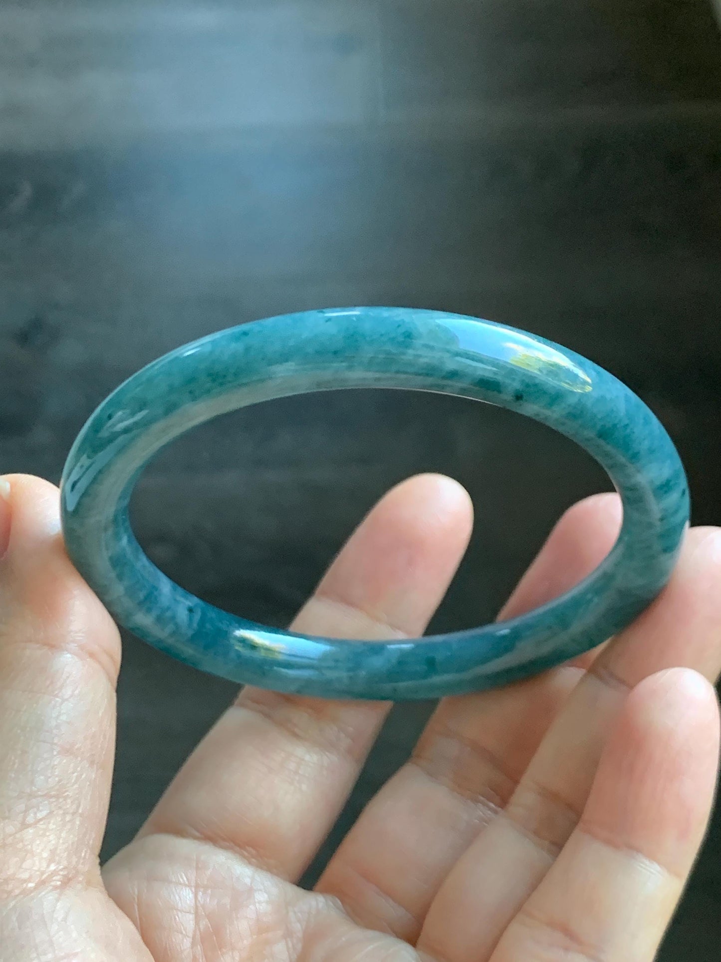 Certified Natural Grade A Guatemalan Icy Translucent Dark Aegean Blue Marbled Jade Jadeite Bangle Bracelet 56.96mm 7” 33g 天然冰危蓝飘花翡翠圆条手镯 723