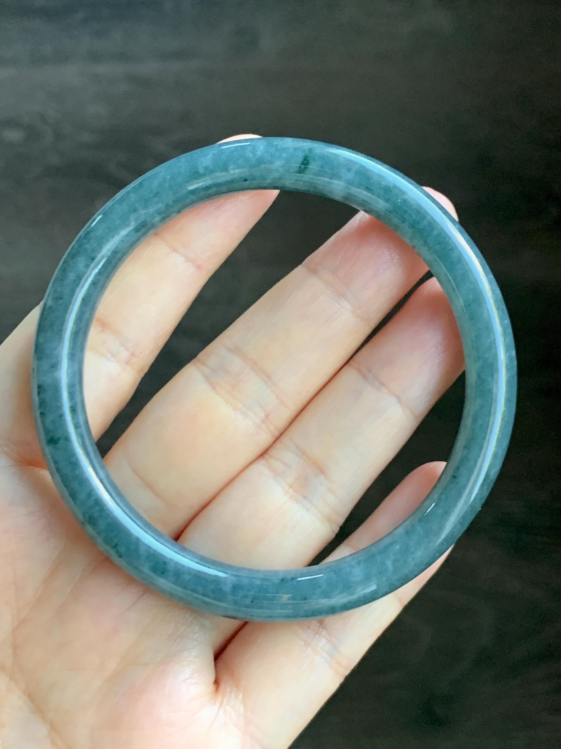 Certified Natural Grade A Guatemalan Icy Translucent Dark Aegean Blue Marbled Jade Jadeite Bangle Bracelet 56.96mm 7” 33g 天然冰危蓝飘花翡翠圆条手镯 723
