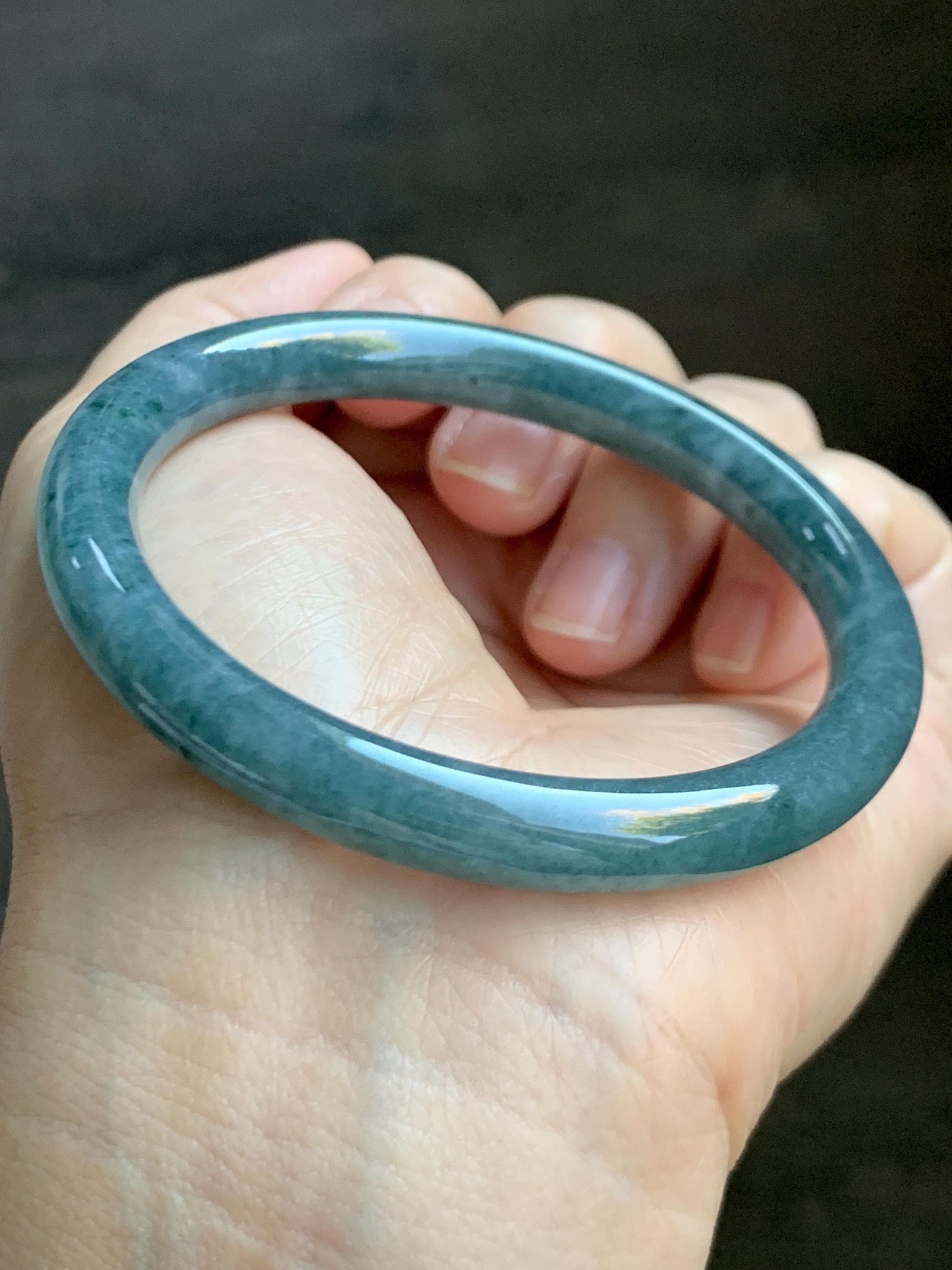 Certified Natural Grade A Guatemalan Icy Translucent Dark Aegean Blue Marbled Jade Jadeite Bangle Bracelet 56.96mm 7” 33g 天然冰危蓝飘花翡翠圆条手镯 723