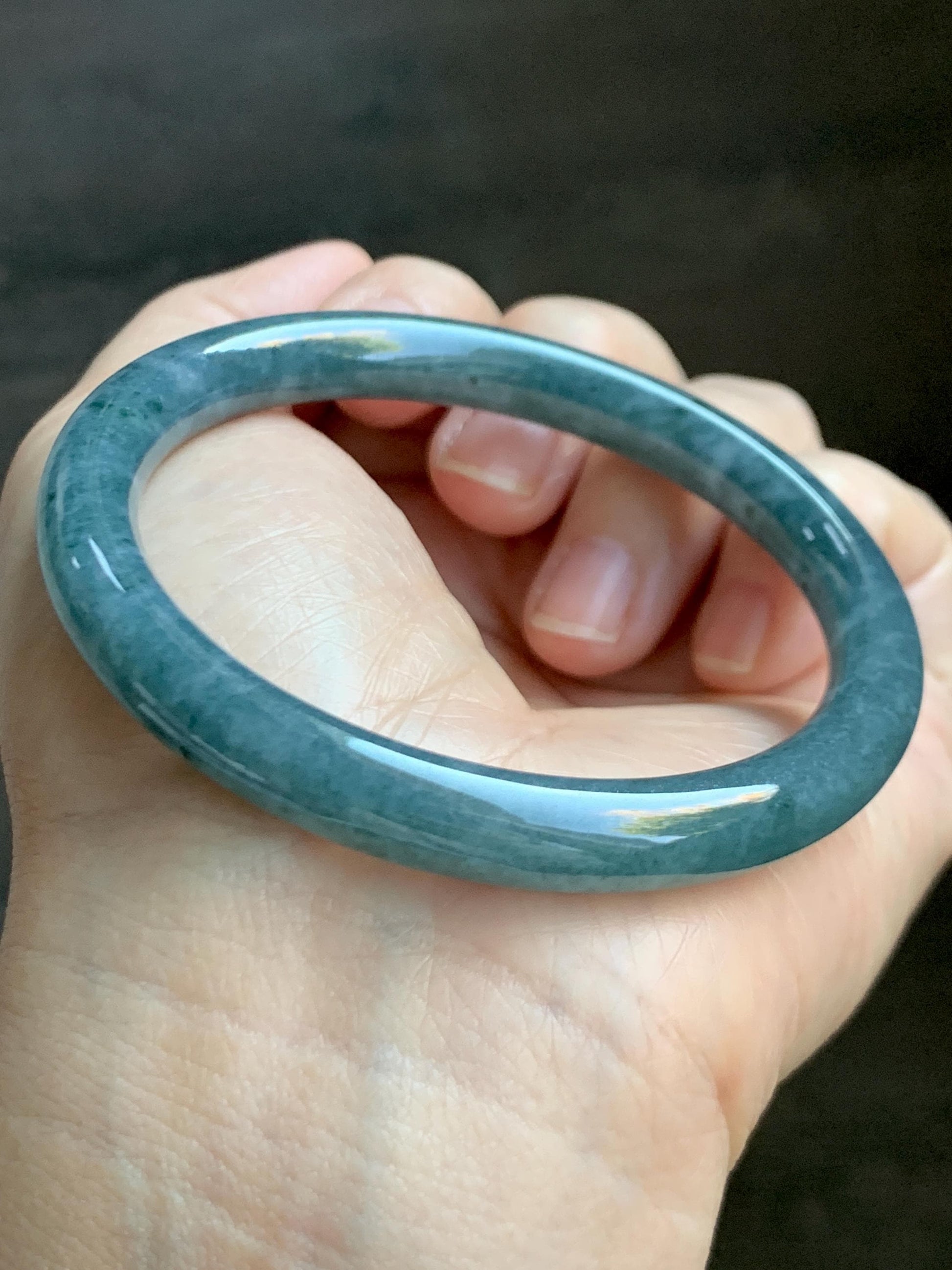 Certified Natural Grade A Guatemalan Icy Translucent Dark Aegean Blue Marbled Jade Jadeite Bangle Bracelet 56.96mm 7” 33g 天然冰危蓝飘花翡翠圆条手镯 723