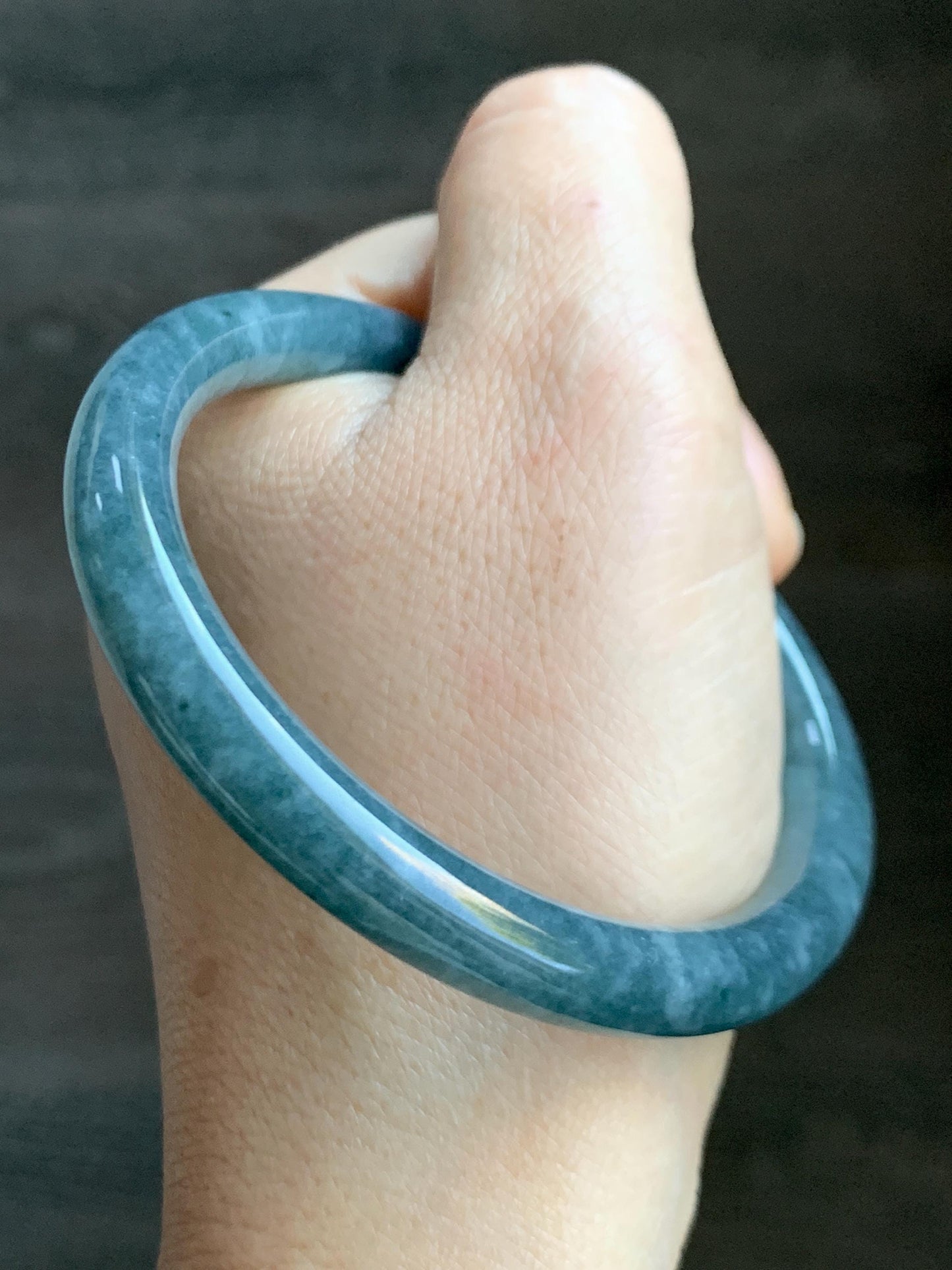 Certified Natural Grade A Guatemalan Icy Translucent Dark Aegean Blue Marbled Jade Jadeite Bangle Bracelet 56.96mm 7” 33g 天然冰危蓝飘花翡翠圆条手镯 723