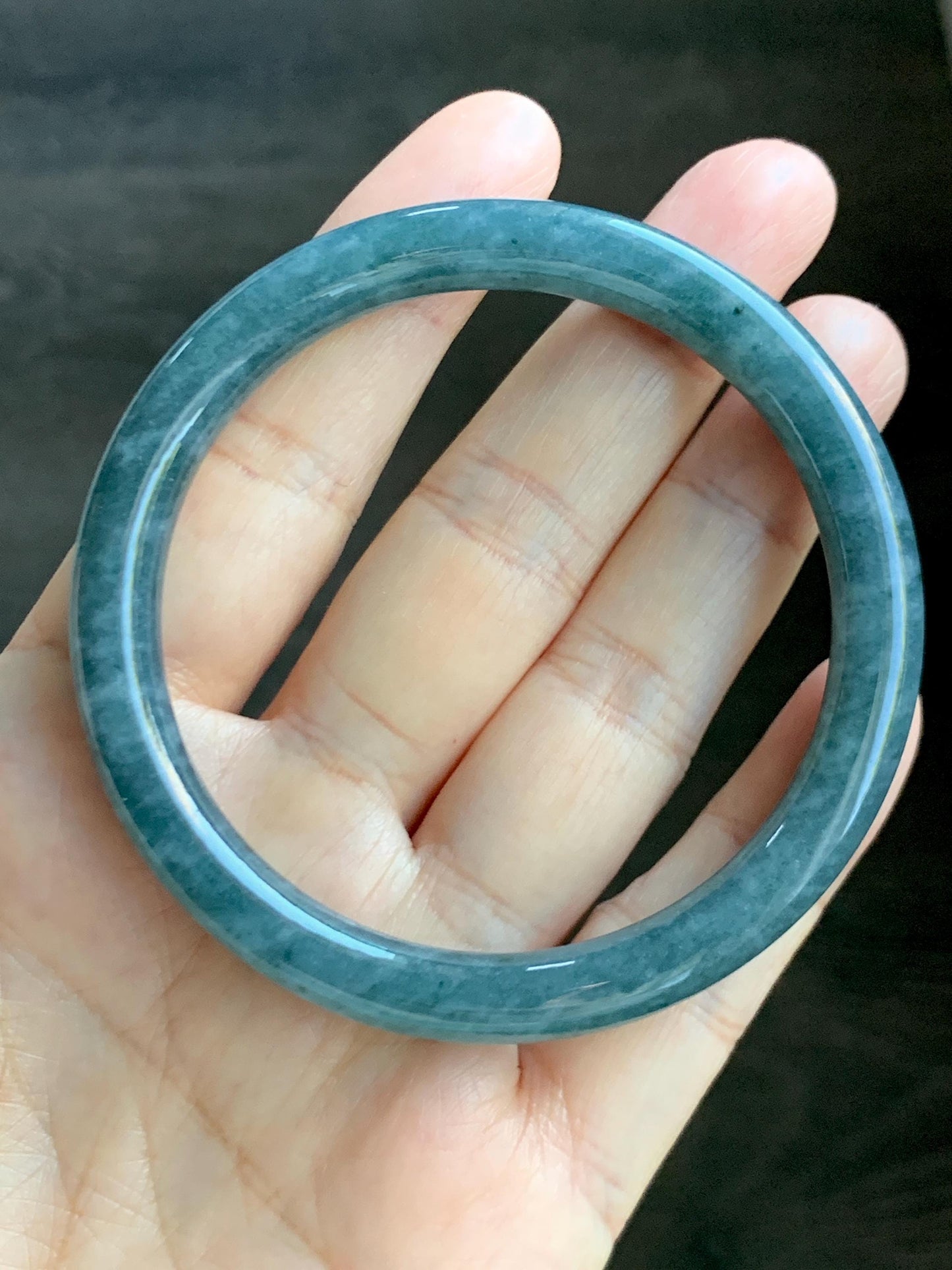 Certified Natural Grade A Guatemalan Icy Translucent Dark Aegean Blue Marbled Jade Jadeite Bangle Bracelet 56.96mm 7” 33g 天然冰危蓝飘花翡翠圆条手镯 723
