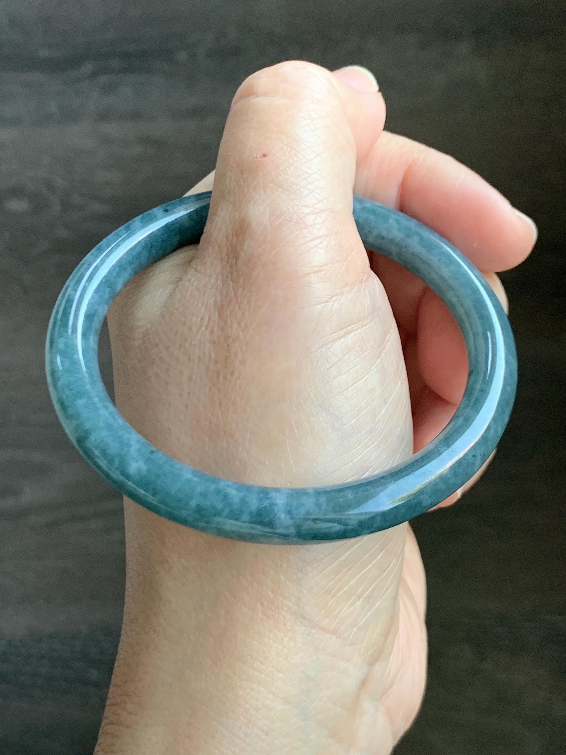 Certified Natural Grade A Guatemalan Icy Translucent Dark Aegean Blue Marbled Jade Jadeite Bangle Bracelet 56.96mm 7” 33g 天然冰危蓝飘花翡翠圆条手镯 723