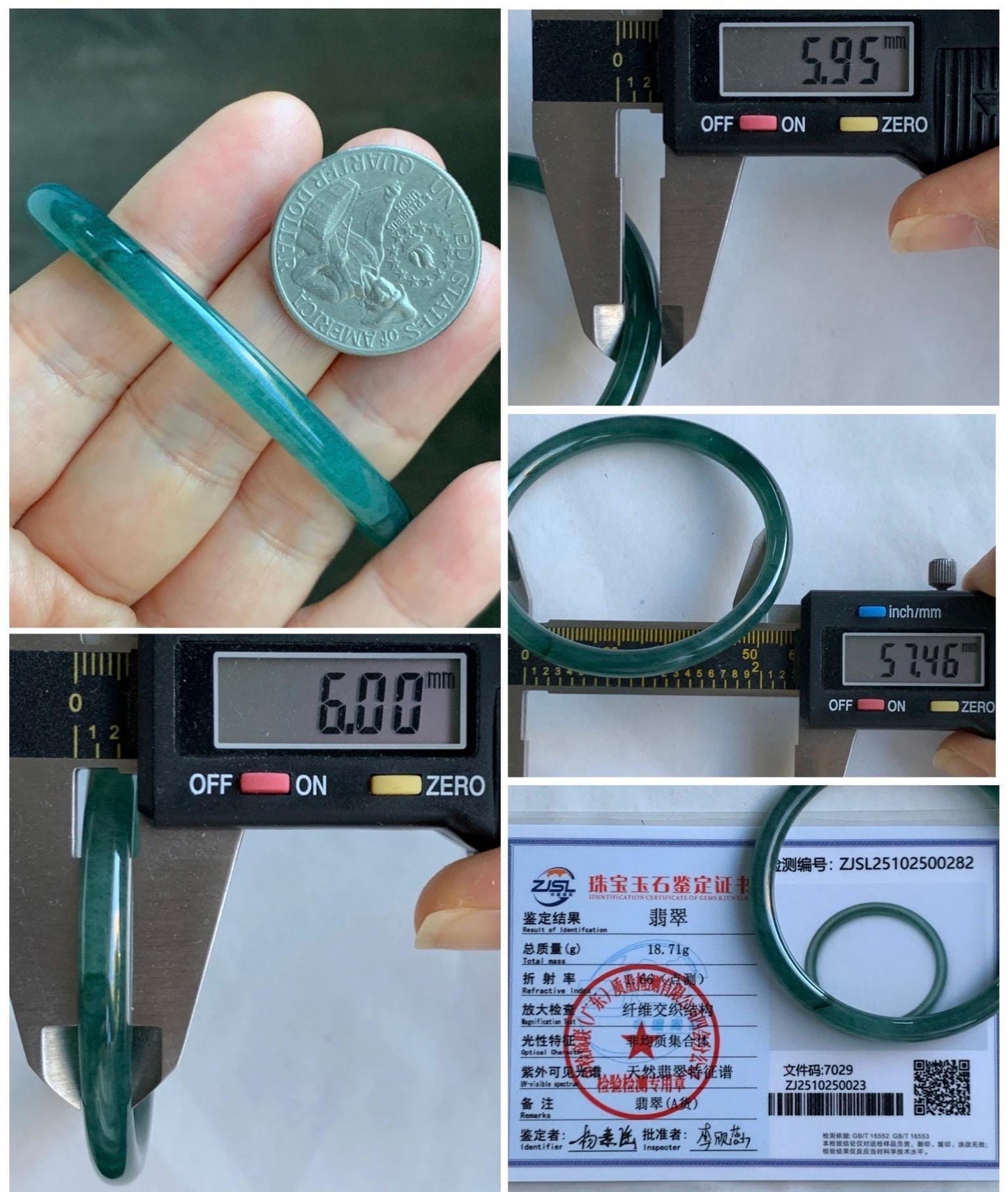 Certified Natural Grade A Guatemalan Icy Highly Translucent Dark Teal Green Jade Jadeite Slim Bangle 57.46mm 7.1” 18.7g 天然冰胶危深蓝绿翡翠细圆条手镯 282