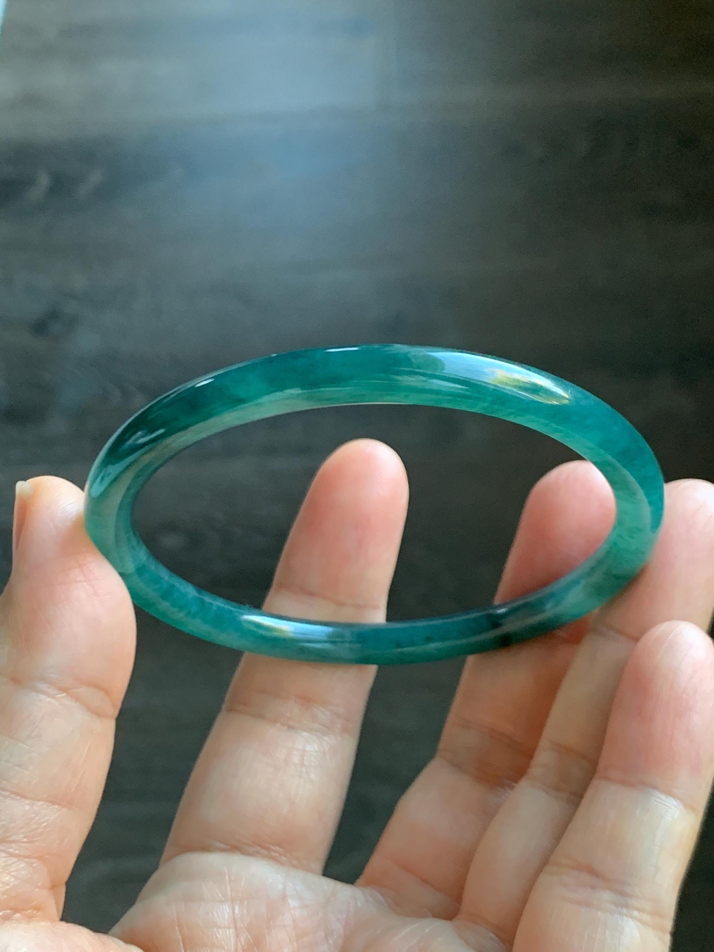 Certified Natural Grade A Guatemalan Icy Highly Translucent Dark Teal Green Jade Jadeite Slim Bangle 57.46mm 7.1” 18.7g 天然冰胶危深蓝绿翡翠细圆条手镯 282