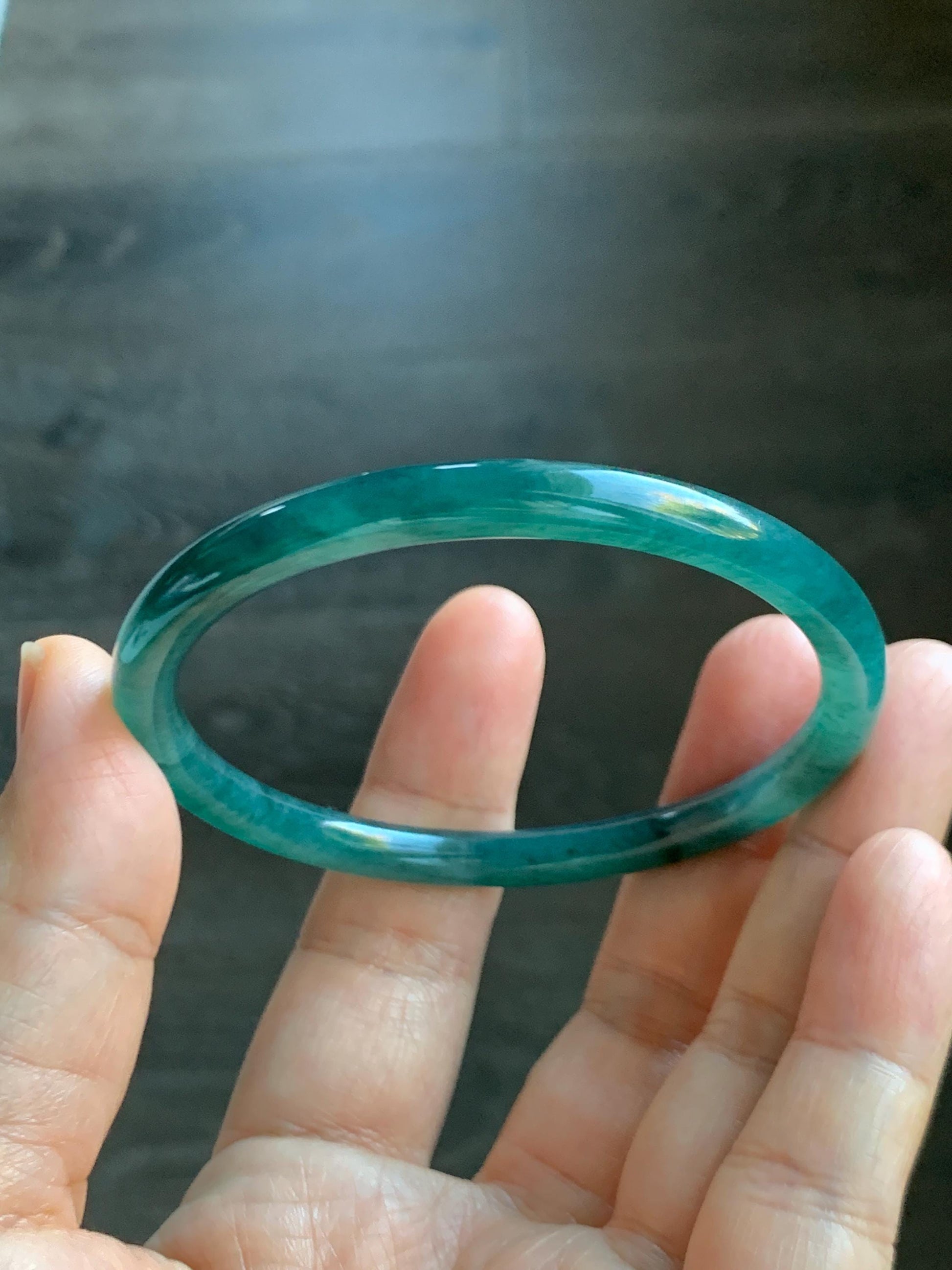 Certified Natural Grade A Guatemalan Icy Highly Translucent Dark Teal Green Jade Jadeite Slim Bangle 57.46mm 7.1” 18.7g 天然冰胶危深蓝绿翡翠细圆条手镯 282