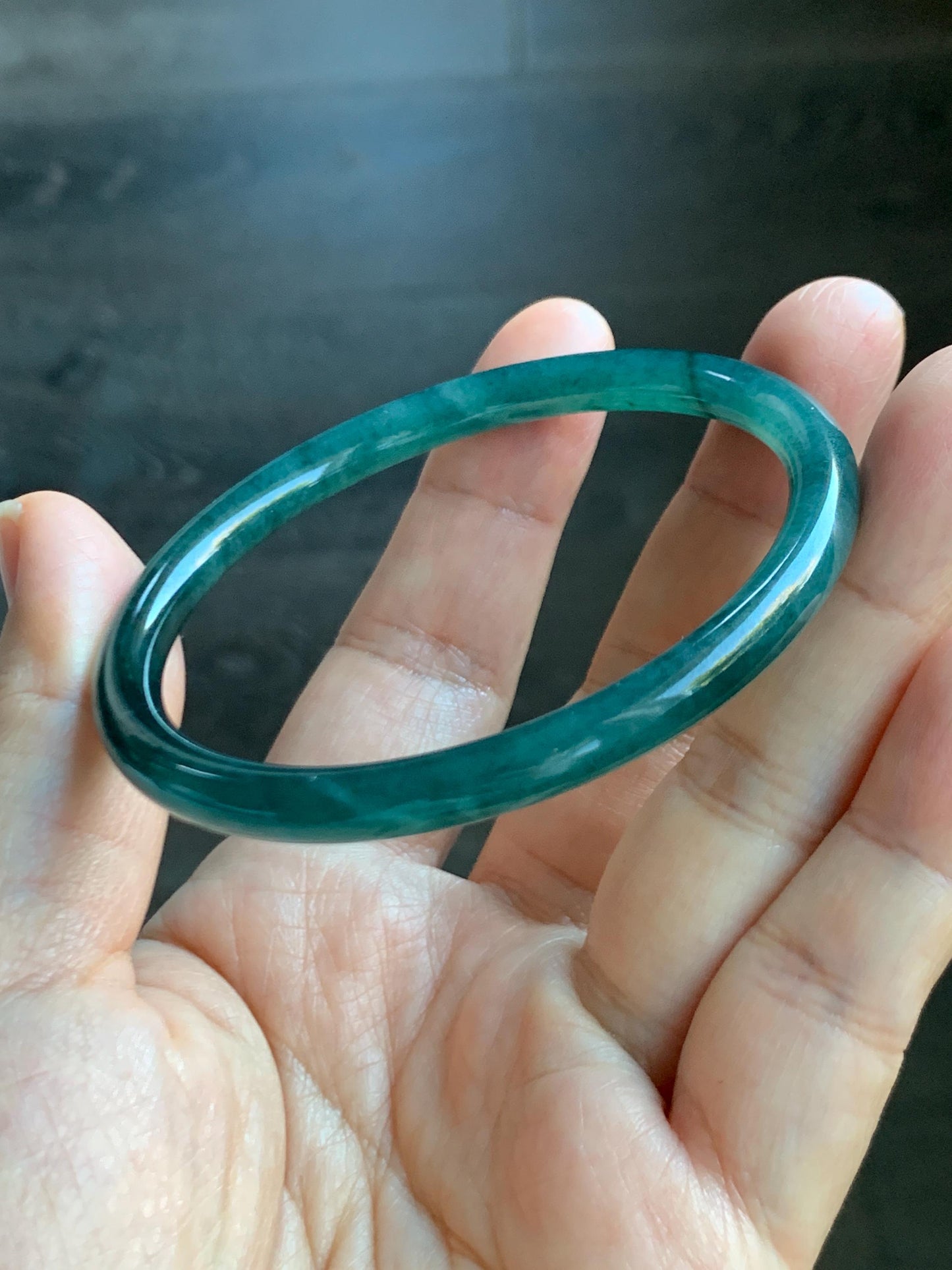 Certified Natural Grade A Guatemalan Icy Highly Translucent Dark Teal Green Jade Jadeite Slim Bangle 57.46mm 7.1” 18.7g 天然冰胶危深蓝绿翡翠细圆条手镯 282