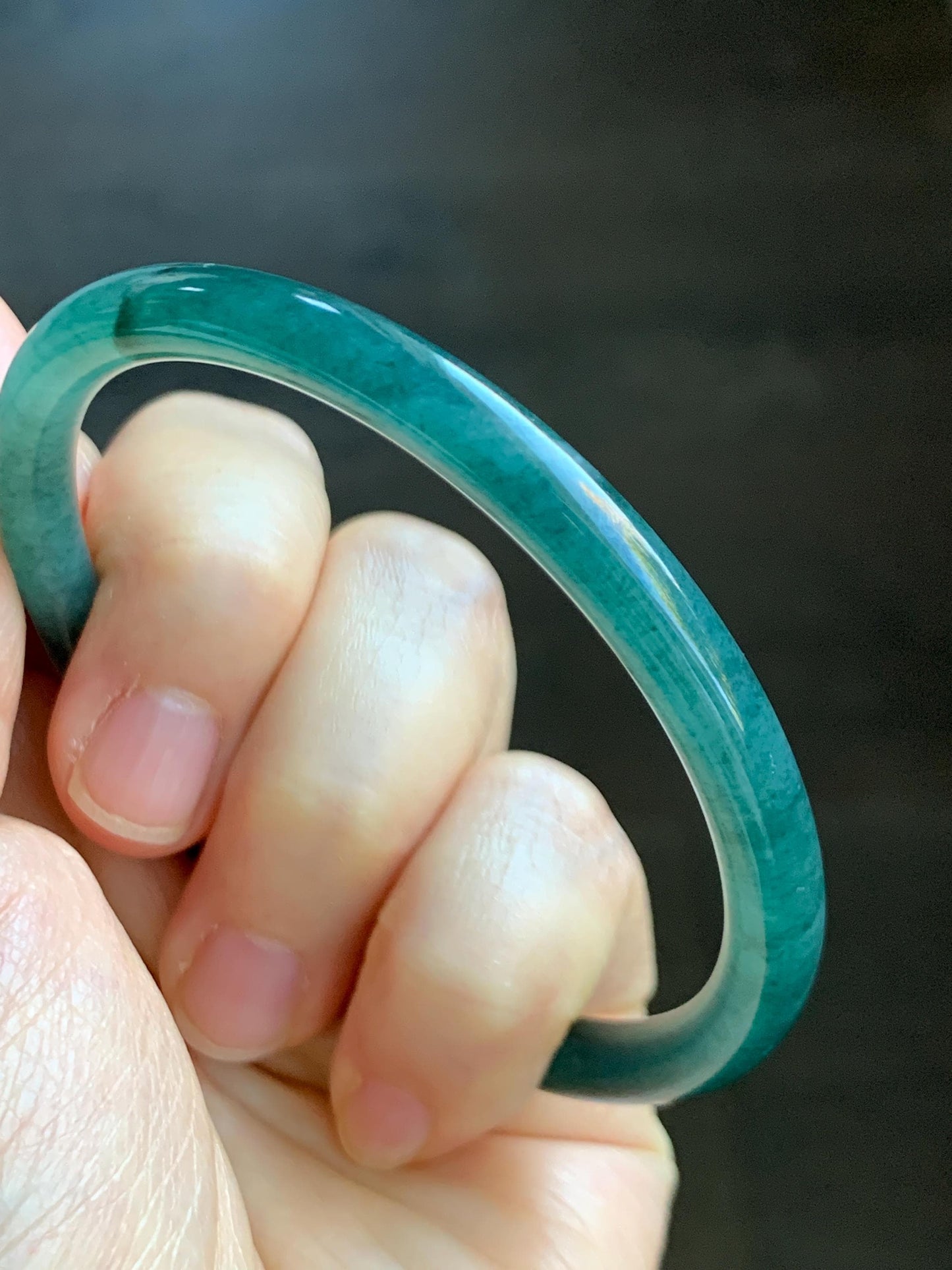 Certified Natural Grade A Guatemalan Icy Highly Translucent Dark Teal Green Jade Jadeite Slim Bangle 57.46mm 7.1” 18.7g 天然冰胶危深蓝绿翡翠细圆条手镯 282