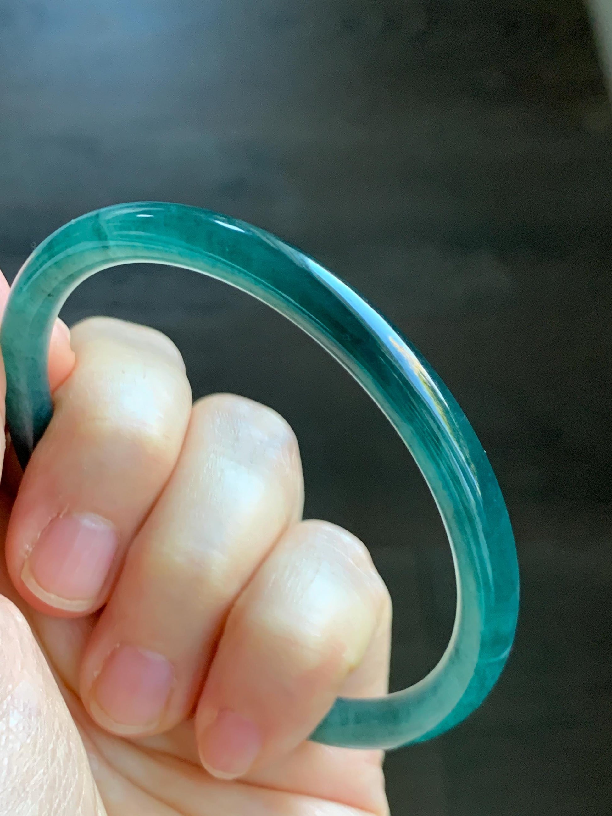 Certified Natural Grade A Guatemalan Icy Highly Translucent Dark Teal Green Jade Jadeite Slim Bangle 57.46mm 7.1” 18.7g 天然冰胶危深蓝绿翡翠细圆条手镯 282