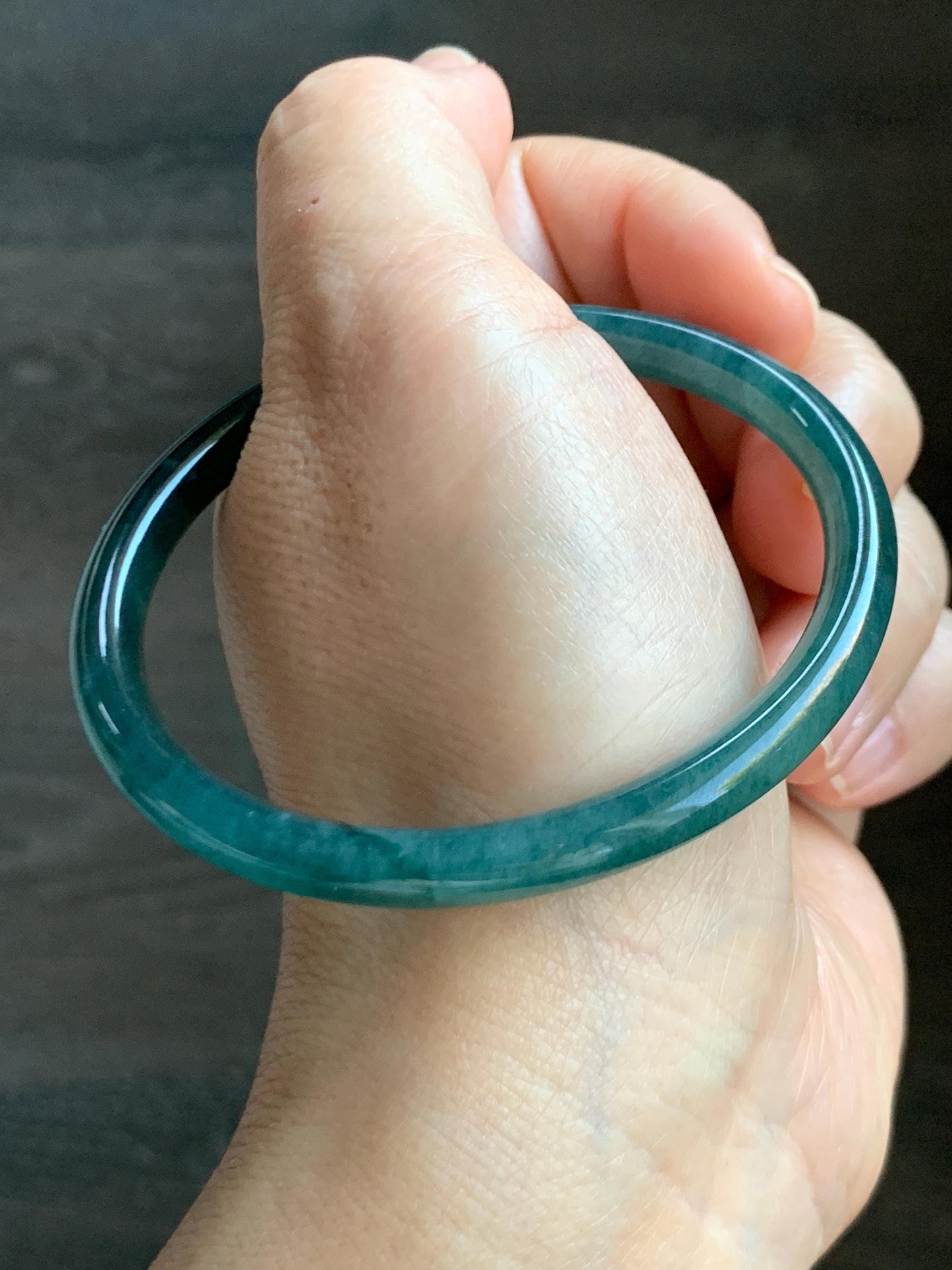 Certified Natural Grade A Guatemalan Icy Highly Translucent Dark Teal Green Jade Jadeite Slim Bangle 57.46mm 7.1” 18.7g 天然冰胶危深蓝绿翡翠细圆条手镯 282