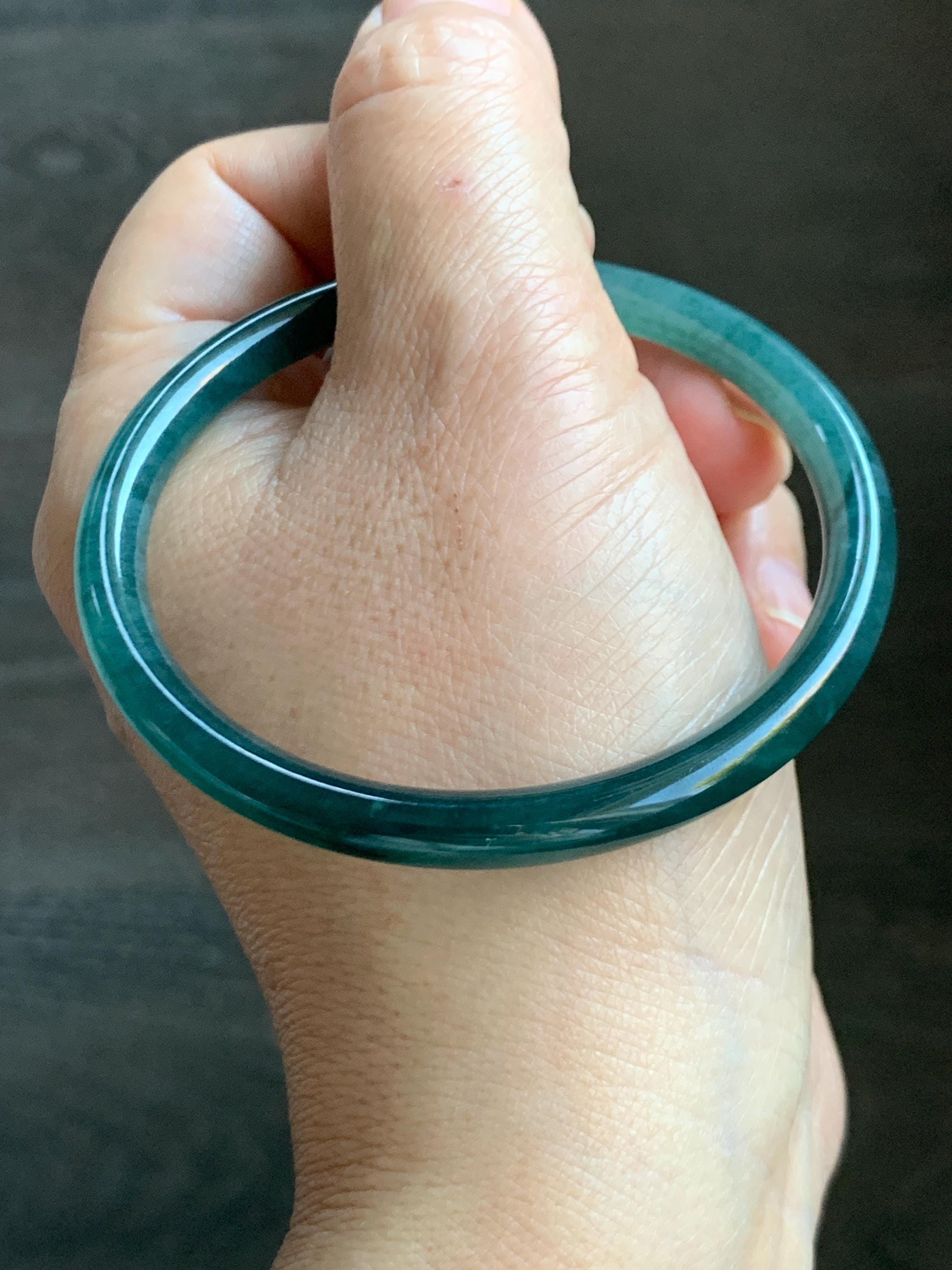 Certified Natural Grade A Guatemalan Icy Highly Translucent Dark Teal Green Jade Jadeite Slim Bangle 57.46mm 7.1” 18.7g 天然冰胶危深蓝绿翡翠细圆条手镯 282