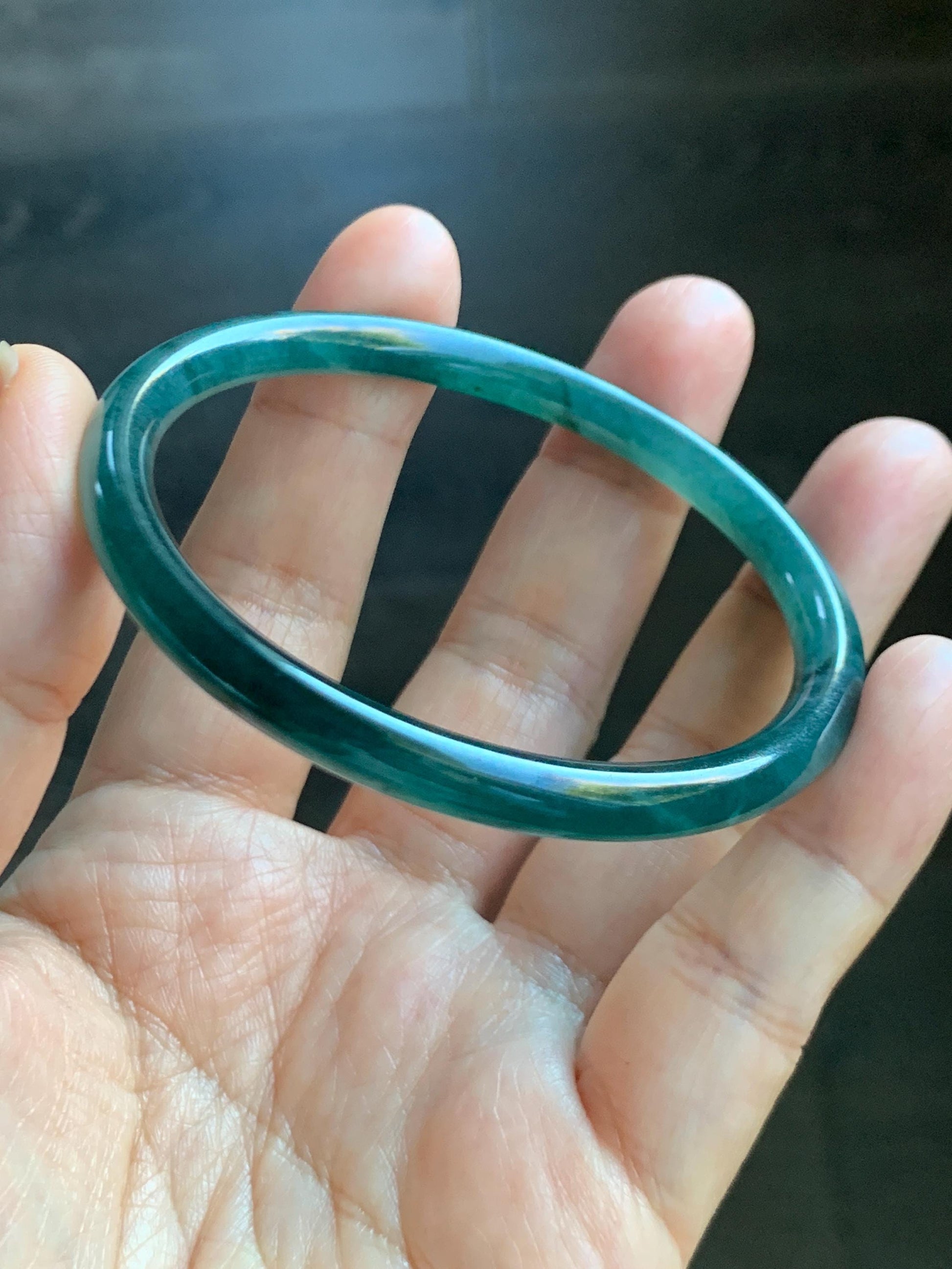 Certified Natural Grade A Guatemalan Icy Highly Translucent Dark Teal Green Jade Jadeite Slim Bangle 57.46mm 7.1” 18.7g 天然冰胶危深蓝绿翡翠细圆条手镯 282