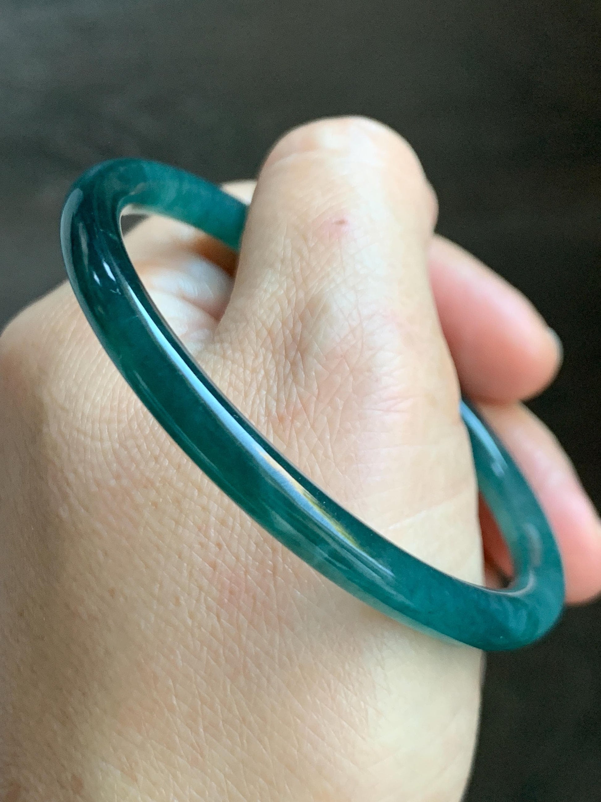Certified Natural Grade A Guatemalan Icy Highly Translucent Dark Teal Green Jade Jadeite Slim Bangle 57.46mm 7.1” 18.7g 天然冰胶危深蓝绿翡翠细圆条手镯 282