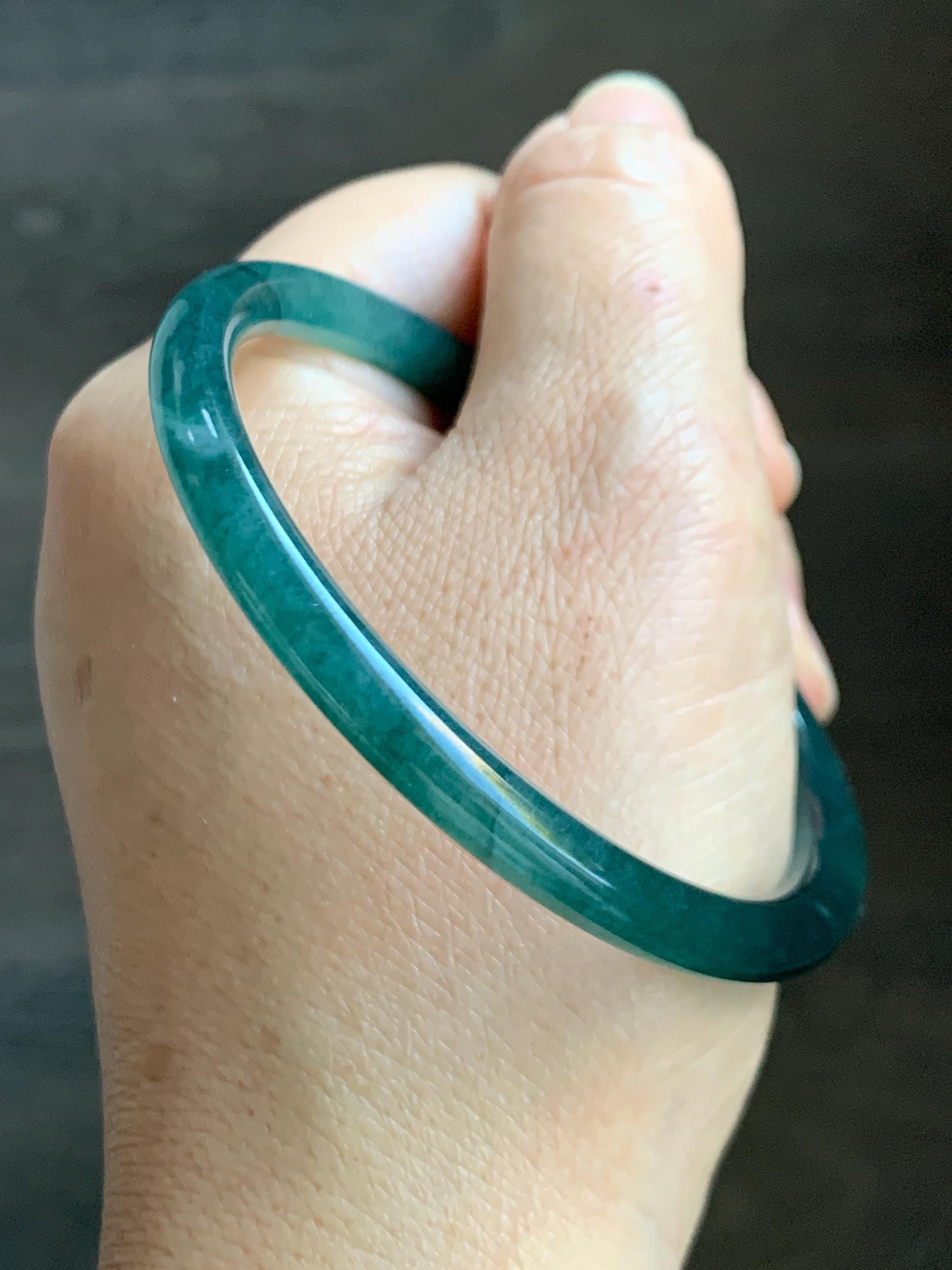 Certified Natural Grade A Guatemalan Icy Highly Translucent Dark Teal Green Jade Jadeite Slim Bangle 57.46mm 7.1” 18.7g 天然冰胶危深蓝绿翡翠细圆条手镯 282