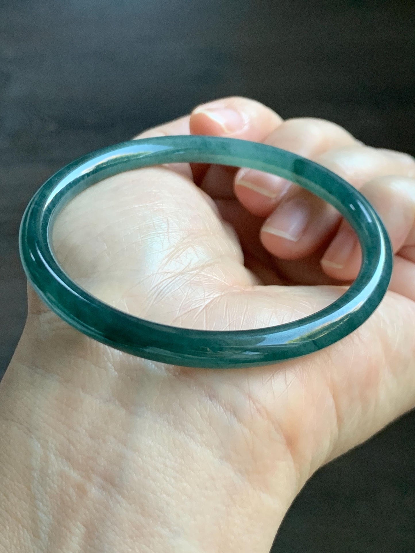 Certified Natural Grade A Guatemalan Icy Highly Translucent Dark Teal Green Jade Jadeite Slim Bangle 57.46mm 7.1” 18.7g 天然冰胶危深蓝绿翡翠细圆条手镯 282