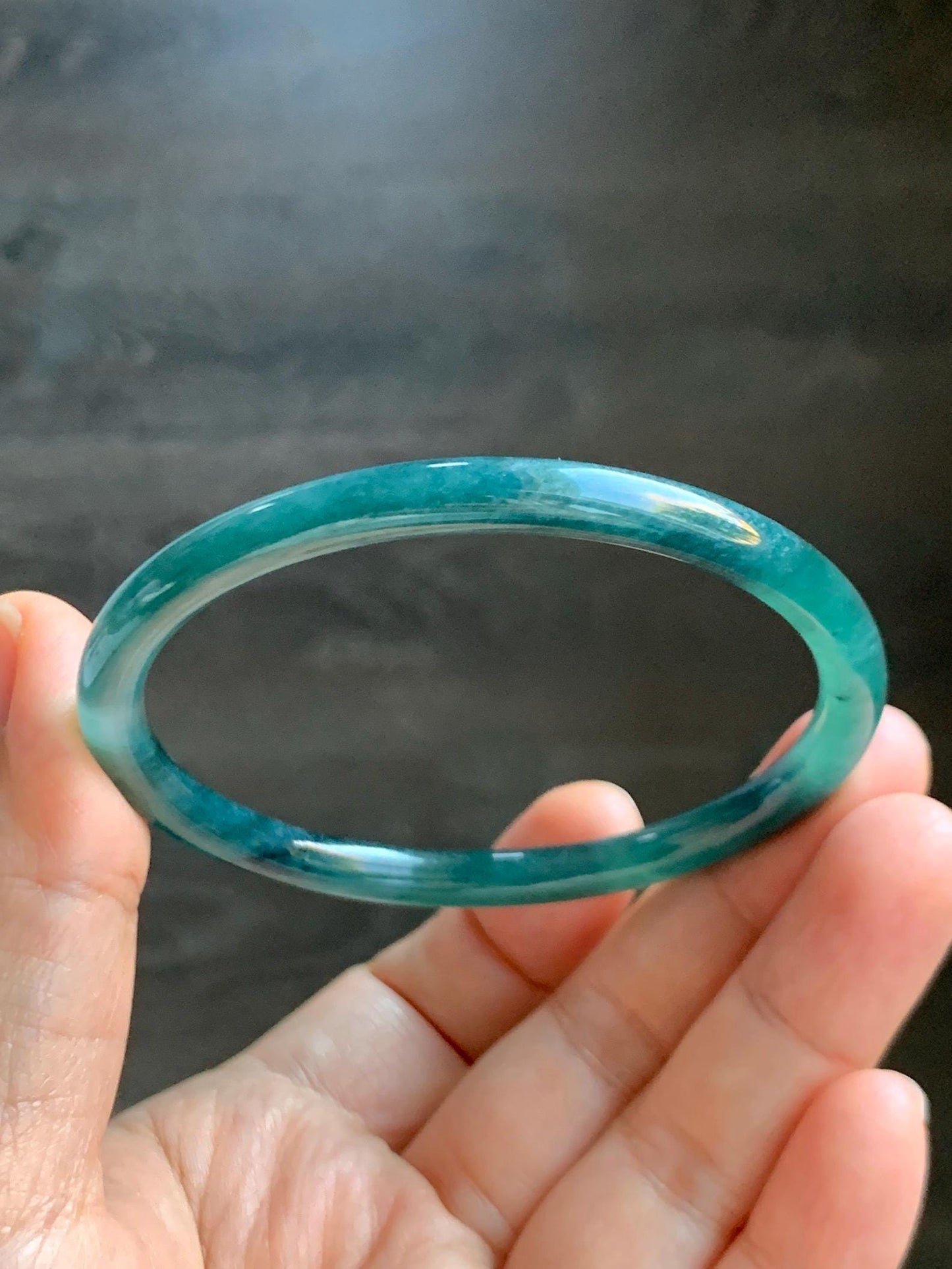 Certified Natural Grade A Guatemalan Icy Highly Translucent Dark Teal Blue Jade Jadeite Slim Bangle 58.7mm 7.25” 17.4g 天然冰胶危深蓝绿翡翠细圆条手镯 708