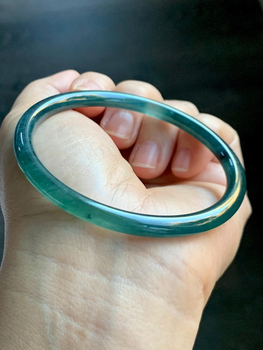 Certified Natural Grade A Guatemalan Icy Highly Translucent Dark Teal Blue Jade Jadeite Slim Bangle 58.7mm 7.25” 17.4g 天然冰胶危深蓝绿翡翠细圆条手镯 708