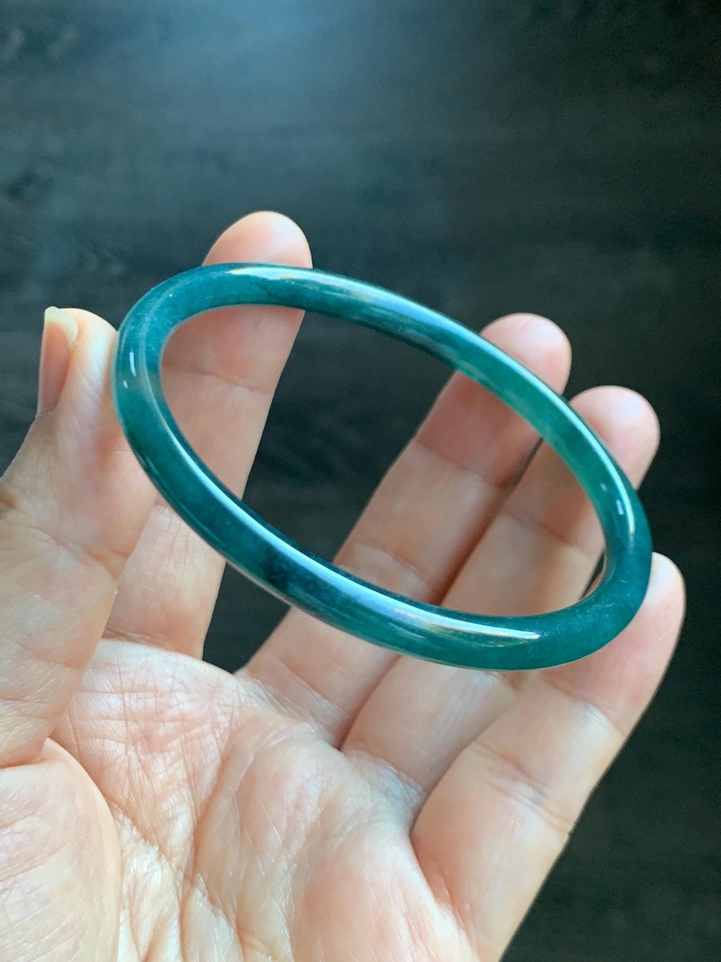 Certified Natural Grade A Guatemalan Icy Highly Translucent Dark Teal Blue Jade Jadeite Slim Bangle 58.7mm 7.25” 17.4g 天然冰胶危深蓝绿翡翠细圆条手镯 708