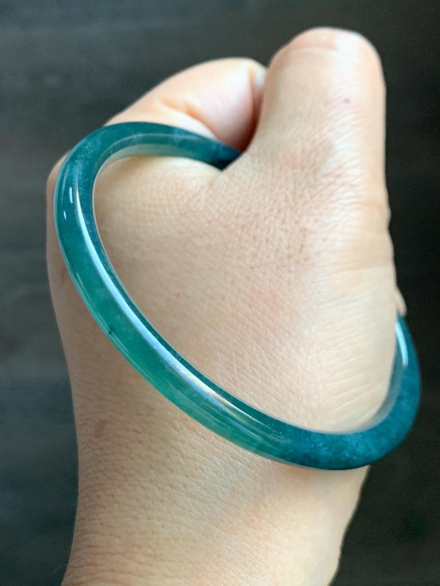 Certified Natural Grade A Guatemalan Icy Highly Translucent Dark Teal Blue Jade Jadeite Slim Bangle 58.7mm 7.25” 17.4g 天然冰胶危深蓝绿翡翠细圆条手镯 708