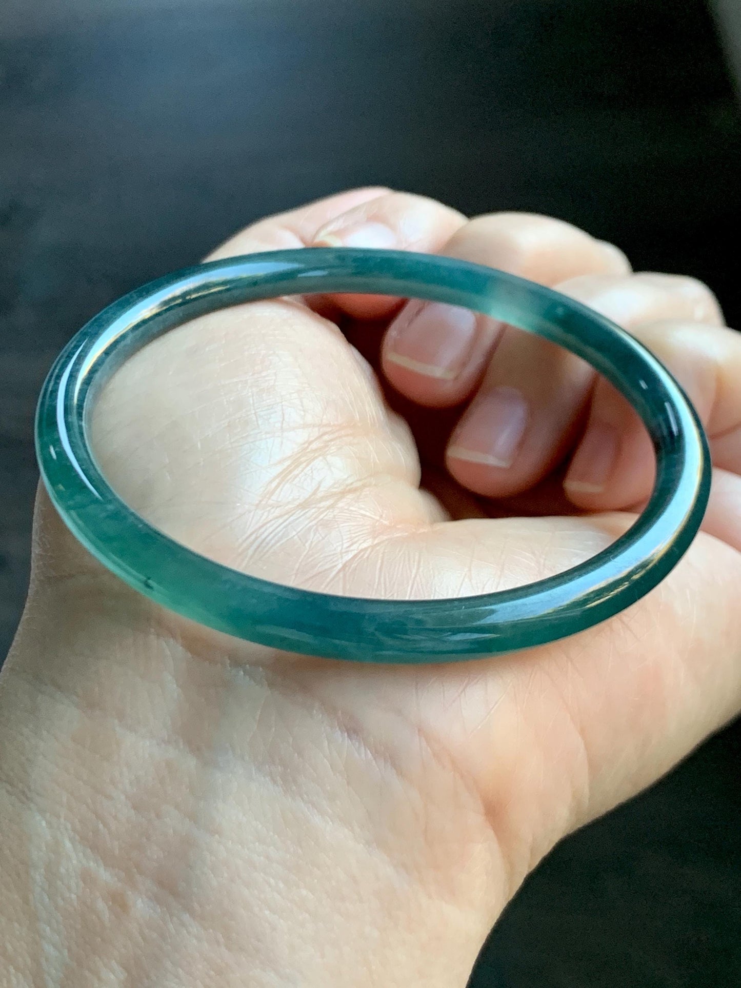 Certified Natural Grade A Guatemalan Icy Highly Translucent Dark Teal Blue Jade Jadeite Slim Bangle 58.7mm 7.25” 17.4g 天然冰胶危深蓝绿翡翠细圆条手镯 708
