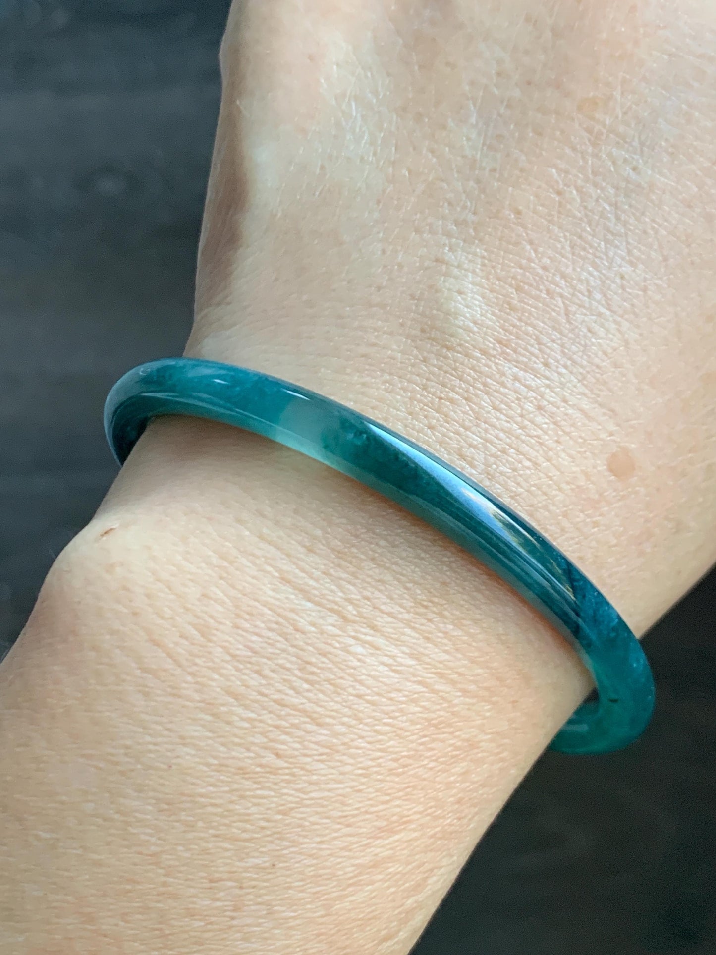 Certified Natural Grade A Guatemalan Icy Highly Translucent Dark Teal Blue Jade Jadeite Slim Bangle 58.7mm 7.25” 17.4g 天然冰胶危深蓝绿翡翠细圆条手镯 708
