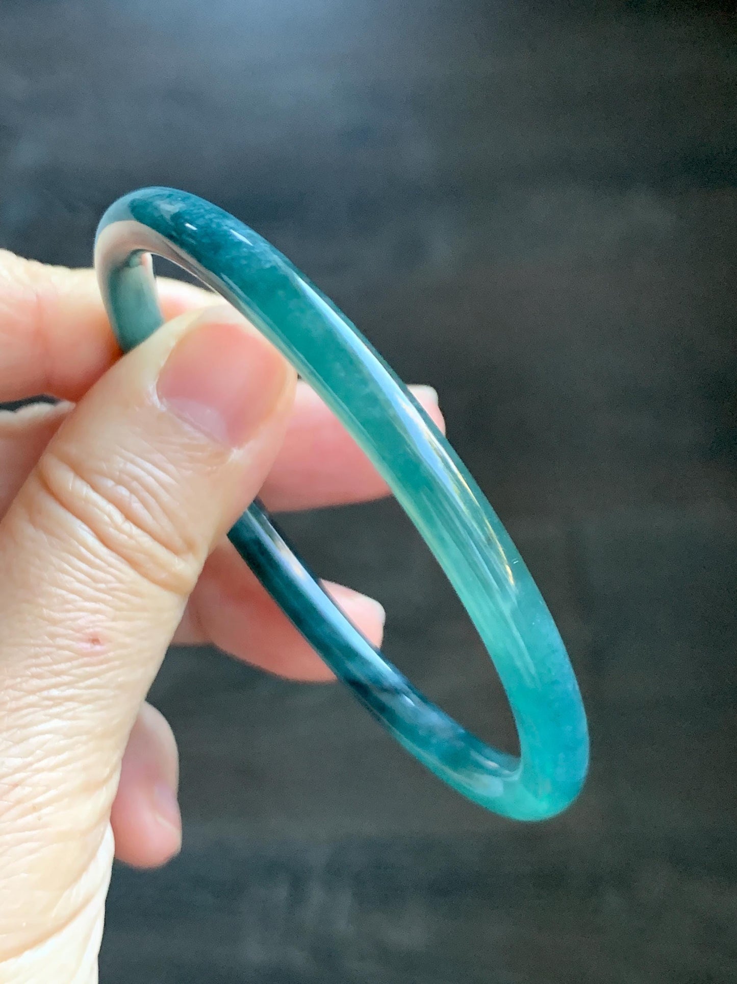 Certified Natural Grade A Guatemalan Icy Highly Translucent Dark Teal Blue Jade Jadeite Slim Bangle 58.7mm 7.25” 17.4g 天然冰胶危深蓝绿翡翠细圆条手镯 708