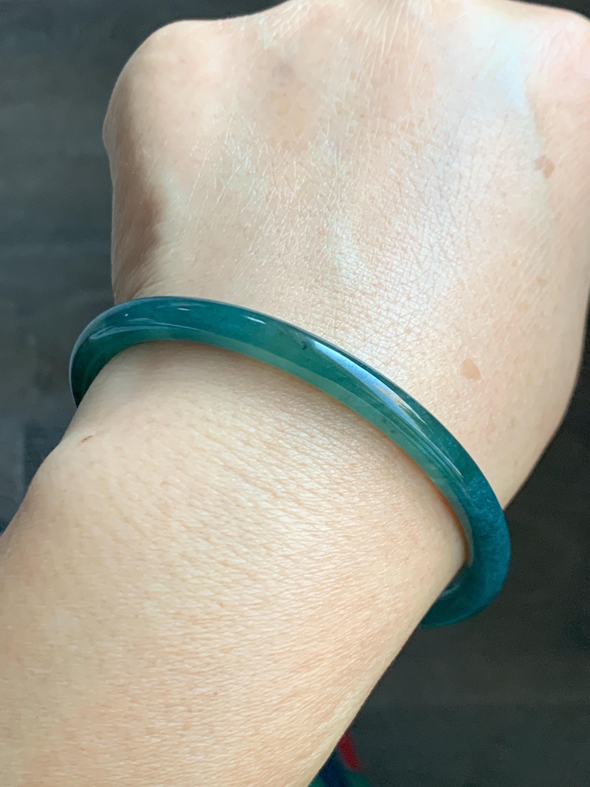 Certified Natural Grade A Guatemalan Icy Highly Translucent Dark Teal Blue Jade Jadeite Slim Bangle 58.7mm 7.25” 17.4g 天然冰胶危深蓝绿翡翠细圆条手镯 708