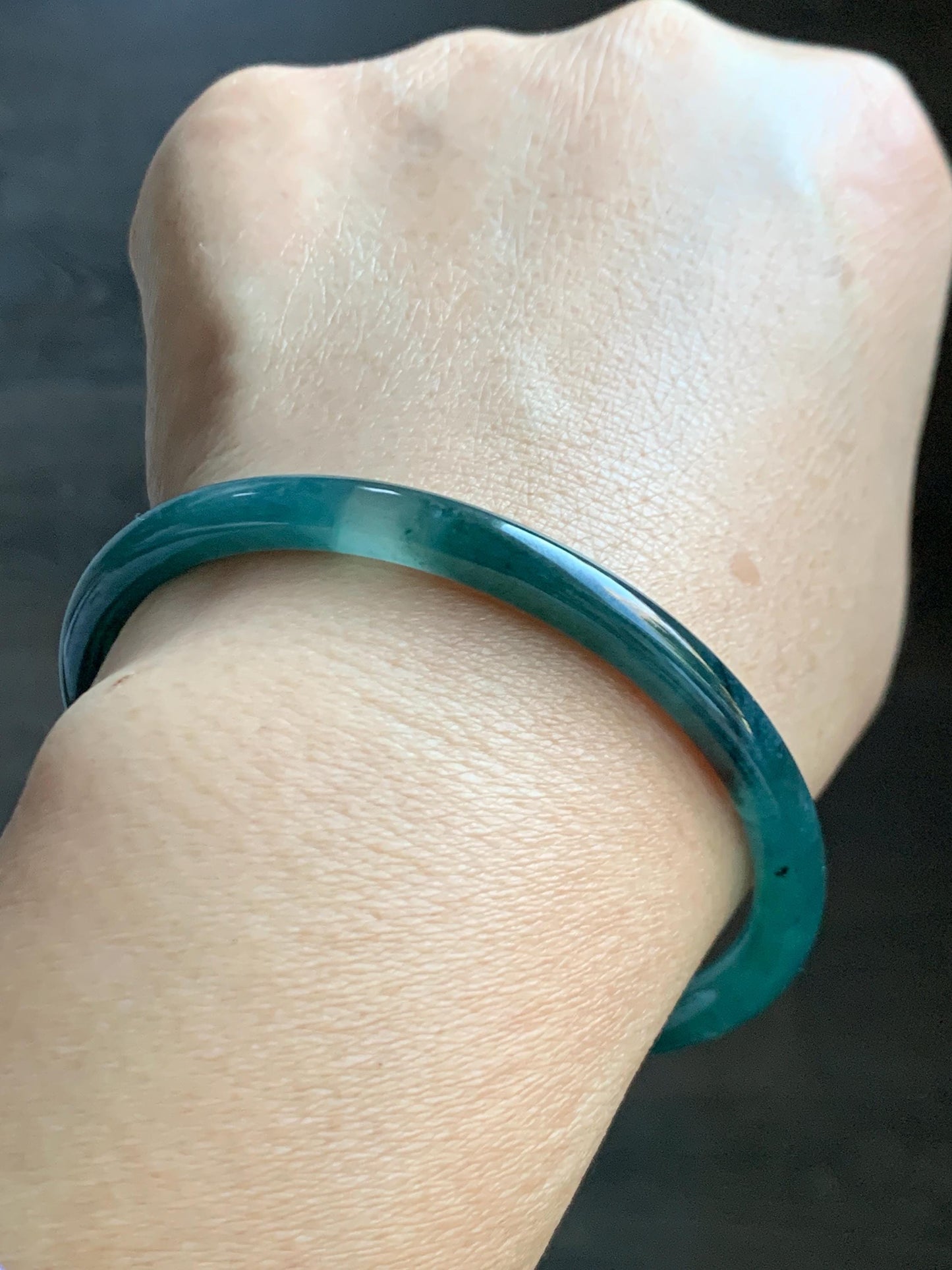 Certified Natural Grade A Guatemalan Icy Highly Translucent Dark Teal Blue Jade Jadeite Slim Bangle 58.7mm 7.25” 17.4g 天然冰胶危深蓝绿翡翠细圆条手镯 708