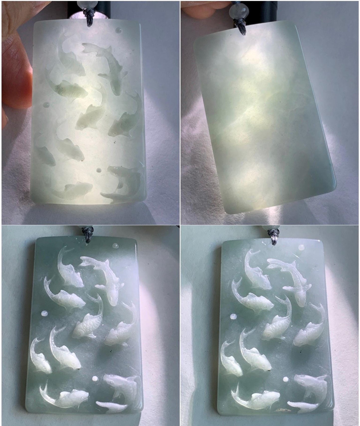 Natural Grade A Guatemalan Icy Translucent Light Blue Jade Jadeite Carved Nine Koi Fish Pendant Rope Necklace 30" 天然冰危浅蓝水翡翠精工九锦鲤鱼牌双抛吊坠WYP314