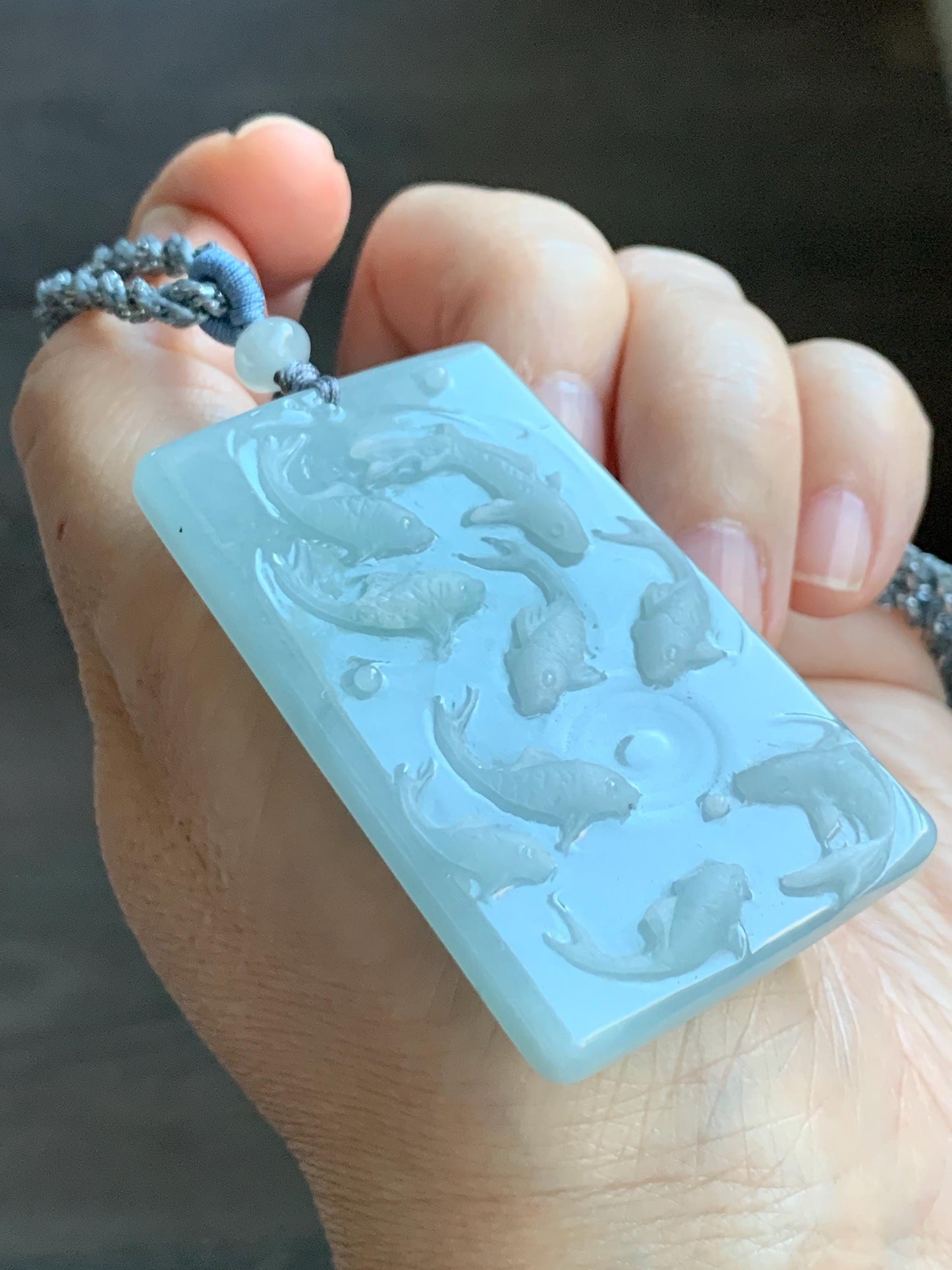 Natural Grade A Guatemalan Icy Translucent Light Blue Jade Jadeite Carved Nine Koi Fish Pendant Rope Necklace 30" 天然冰危浅蓝水翡翠精工九锦鲤鱼牌双抛吊坠WYP314