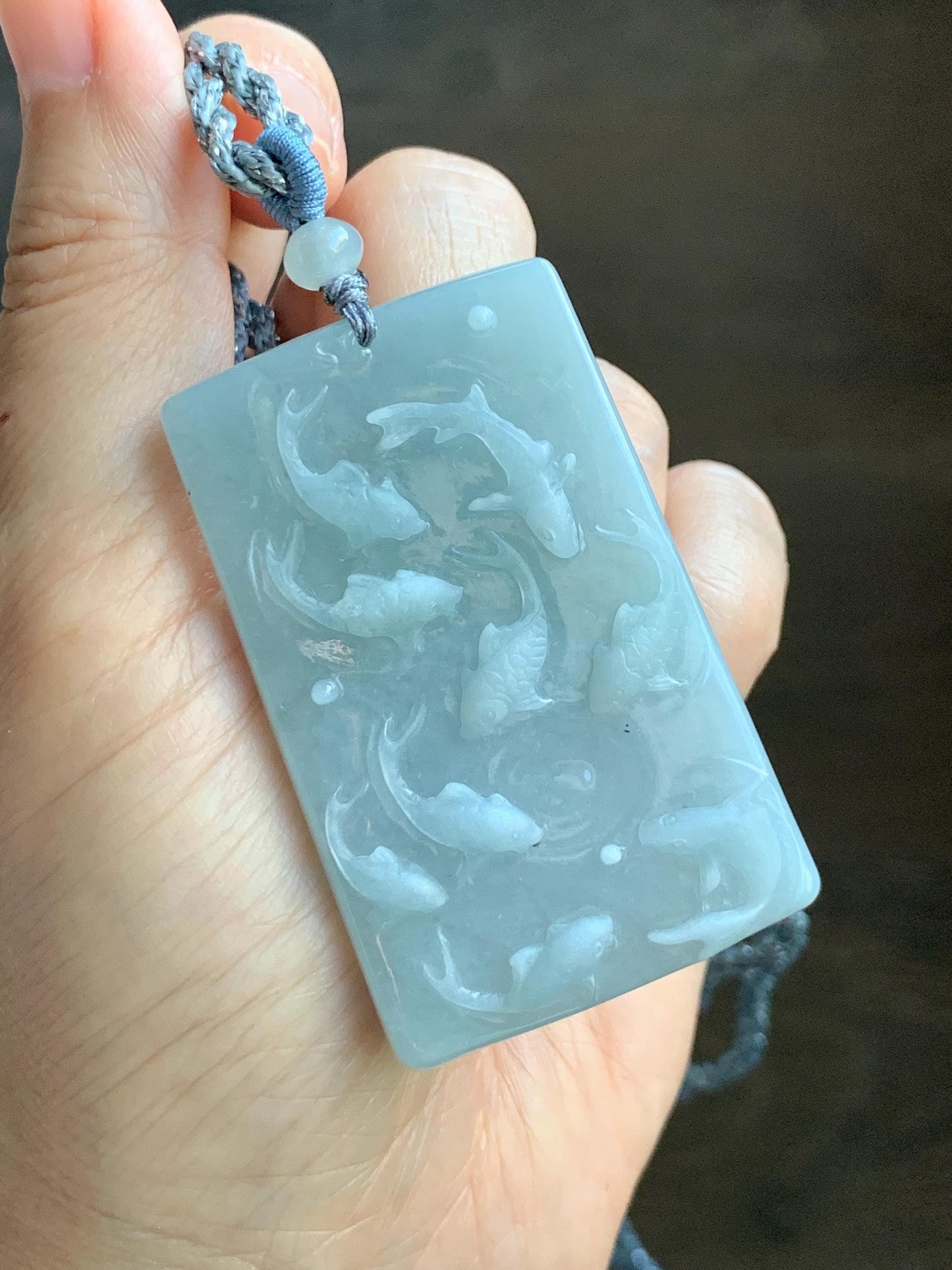 Natural Grade A Guatemalan Icy Translucent Light Blue Jade Jadeite Carved Nine Koi Fish Pendant Rope Necklace 30" 天然冰危浅蓝水翡翠精工九锦鲤鱼牌双抛吊坠WYP314