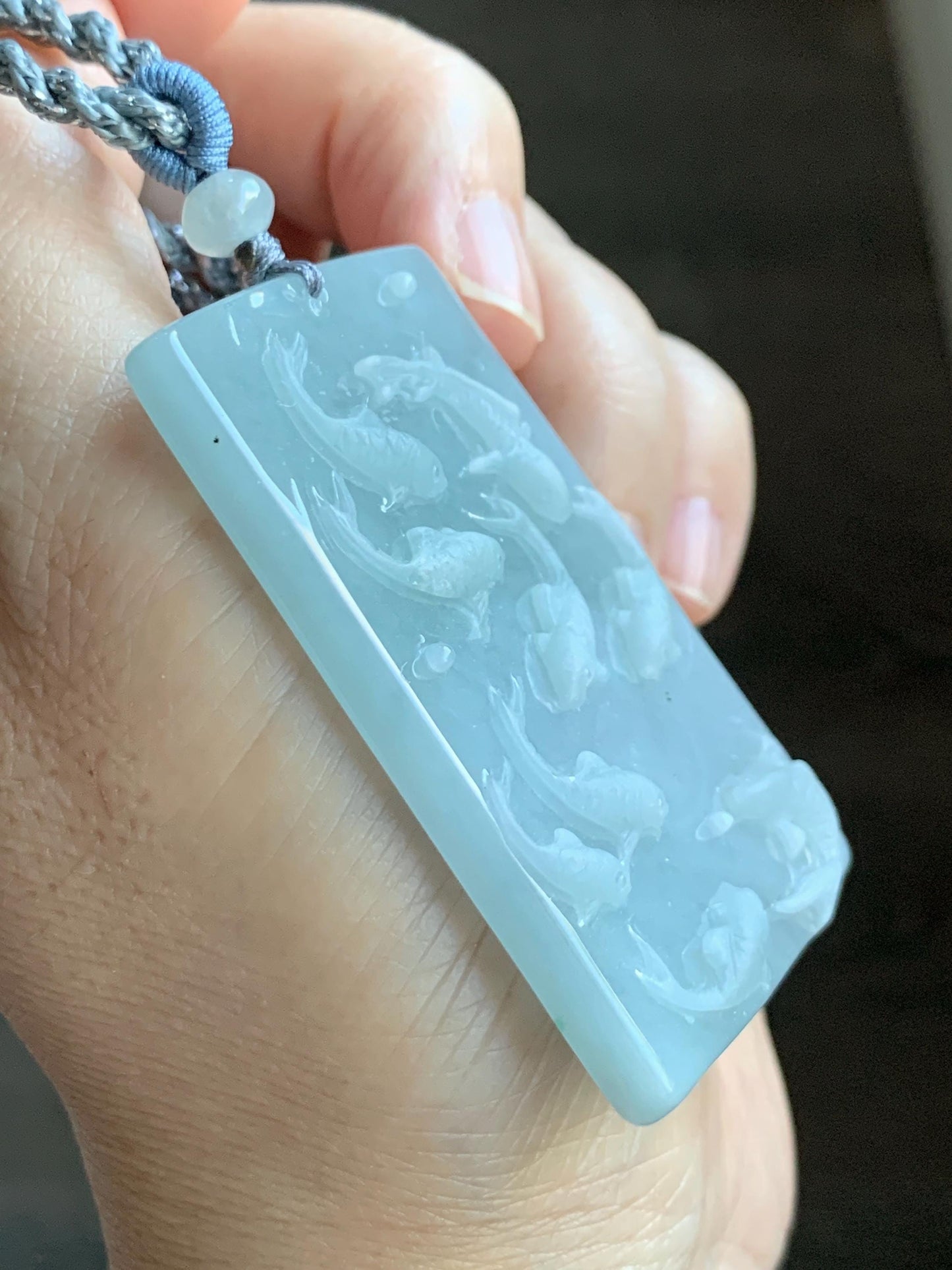 Natural Grade A Guatemalan Icy Translucent Light Blue Jade Jadeite Carved Nine Koi Fish Pendant Rope Necklace 30" 天然冰危浅蓝水翡翠精工九锦鲤鱼牌双抛吊坠WYP314