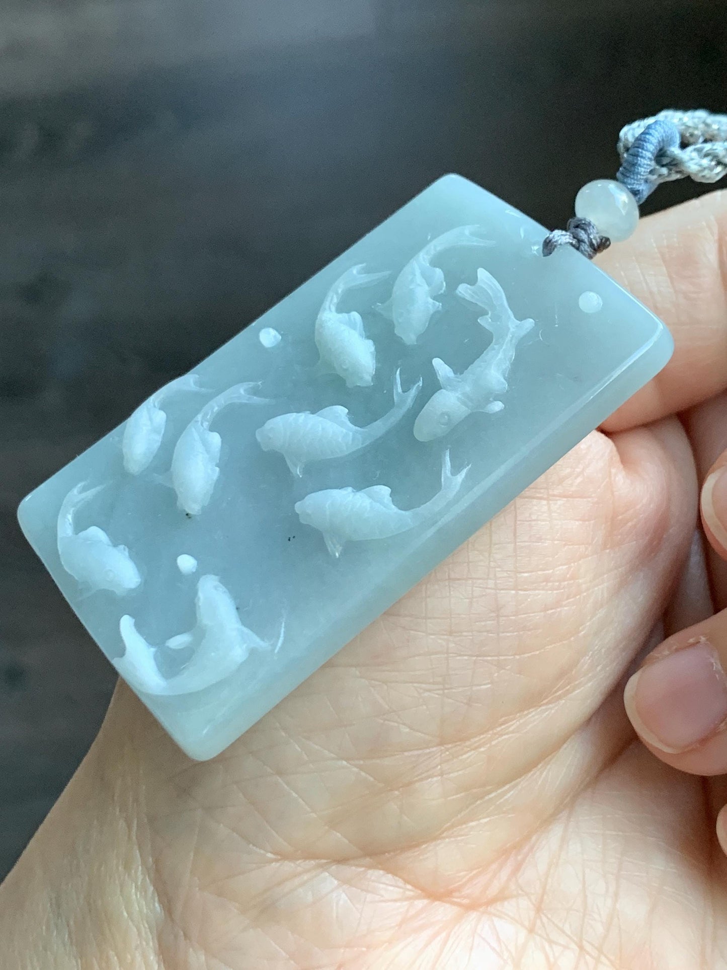 Natural Grade A Guatemalan Icy Translucent Light Blue Jade Jadeite Carved Nine Koi Fish Pendant Rope Necklace 30" 天然冰危浅蓝水翡翠精工九锦鲤鱼牌双抛吊坠WYP314