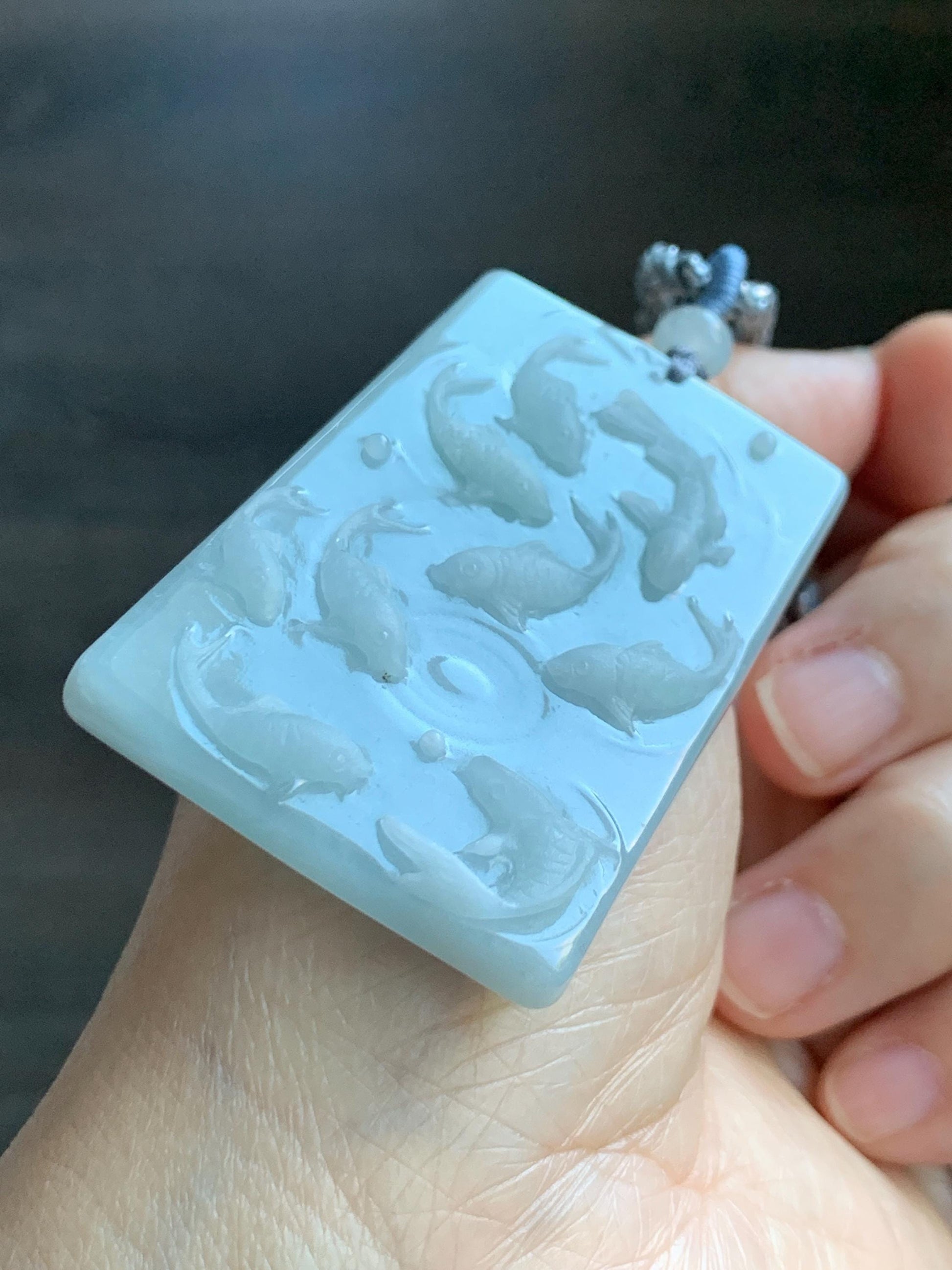 Natural Grade A Guatemalan Icy Translucent Light Blue Jade Jadeite Carved Nine Koi Fish Pendant Rope Necklace 30" 天然冰危浅蓝水翡翠精工九锦鲤鱼牌双抛吊坠WYP314