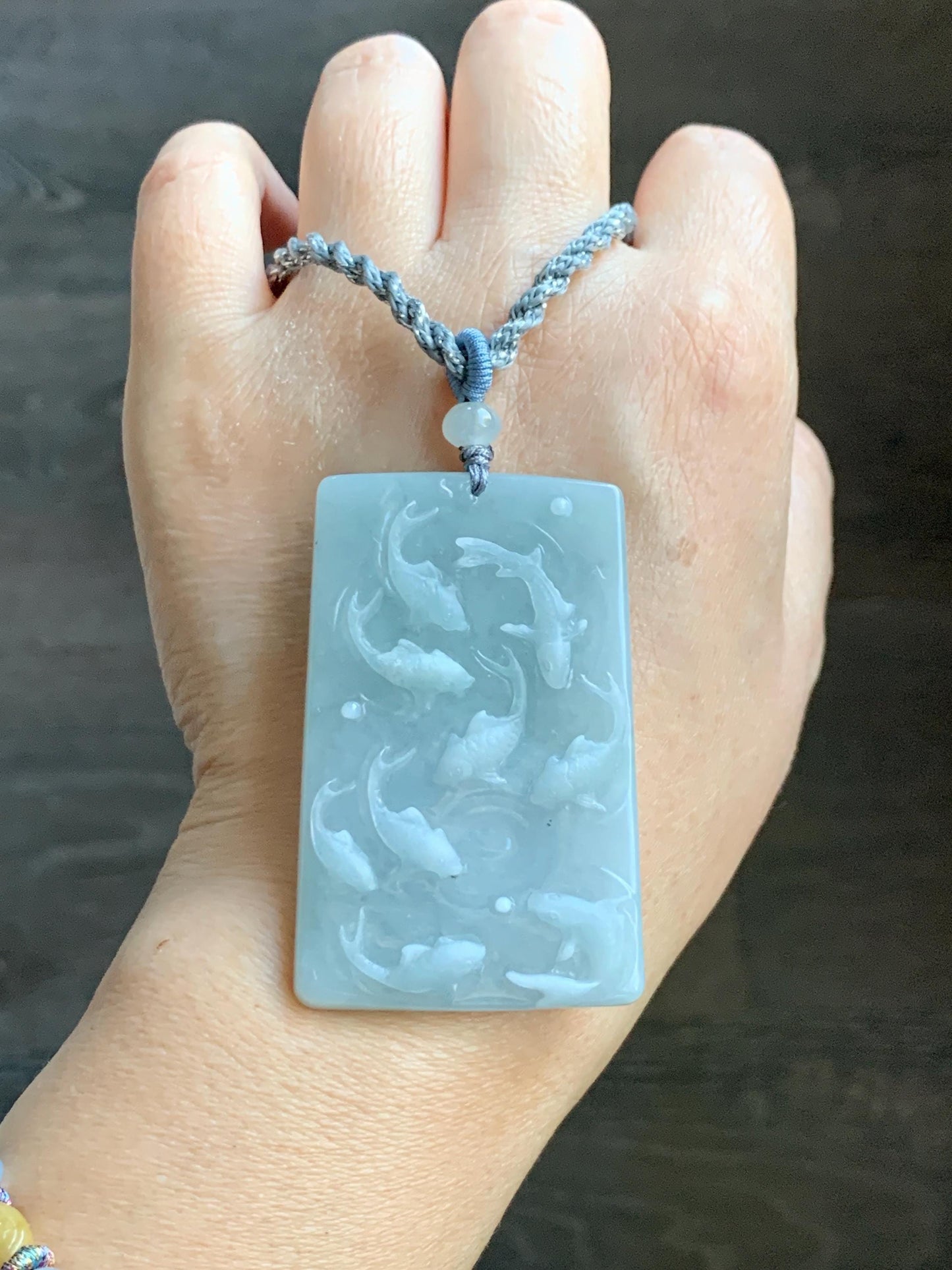 Natural Grade A Guatemalan Icy Translucent Light Blue Jade Jadeite Carved Nine Koi Fish Pendant Rope Necklace 30" 天然冰危浅蓝水翡翠精工九锦鲤鱼牌双抛吊坠WYP314