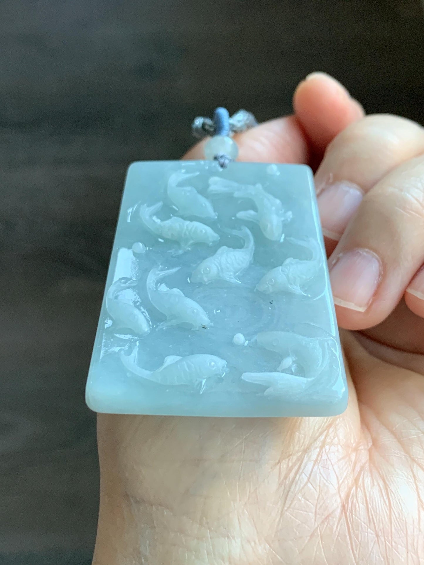 Natural Grade A Guatemalan Icy Translucent Light Blue Jade Jadeite Carved Nine Koi Fish Pendant Rope Necklace 30" 天然冰危浅蓝水翡翠精工九锦鲤鱼牌双抛吊坠WYP314