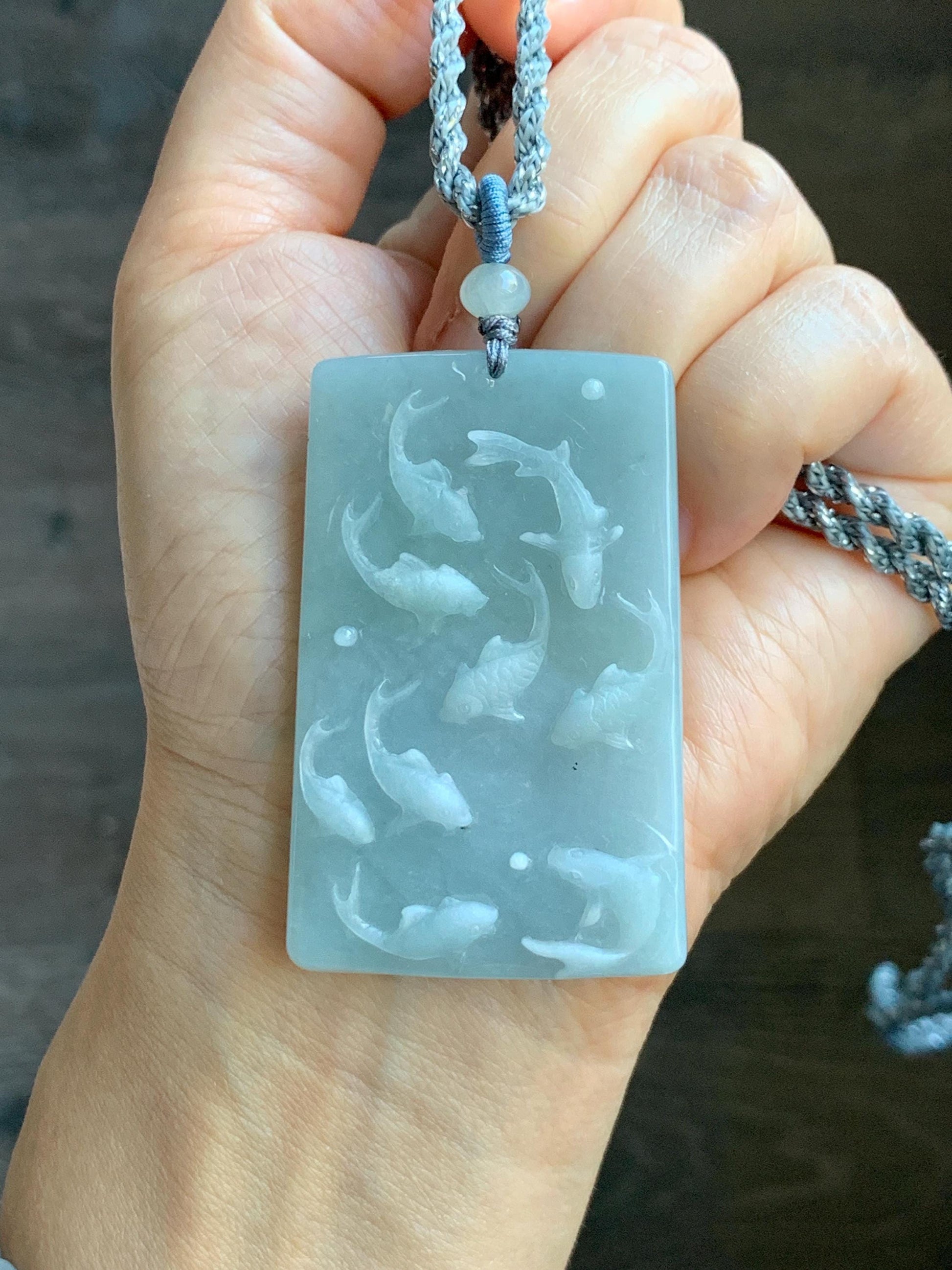 Natural Grade A Guatemalan Icy Translucent Light Blue Jade Jadeite Carved Nine Koi Fish Pendant Rope Necklace 30" 天然冰危浅蓝水翡翠精工九锦鲤鱼牌双抛吊坠WYP314
