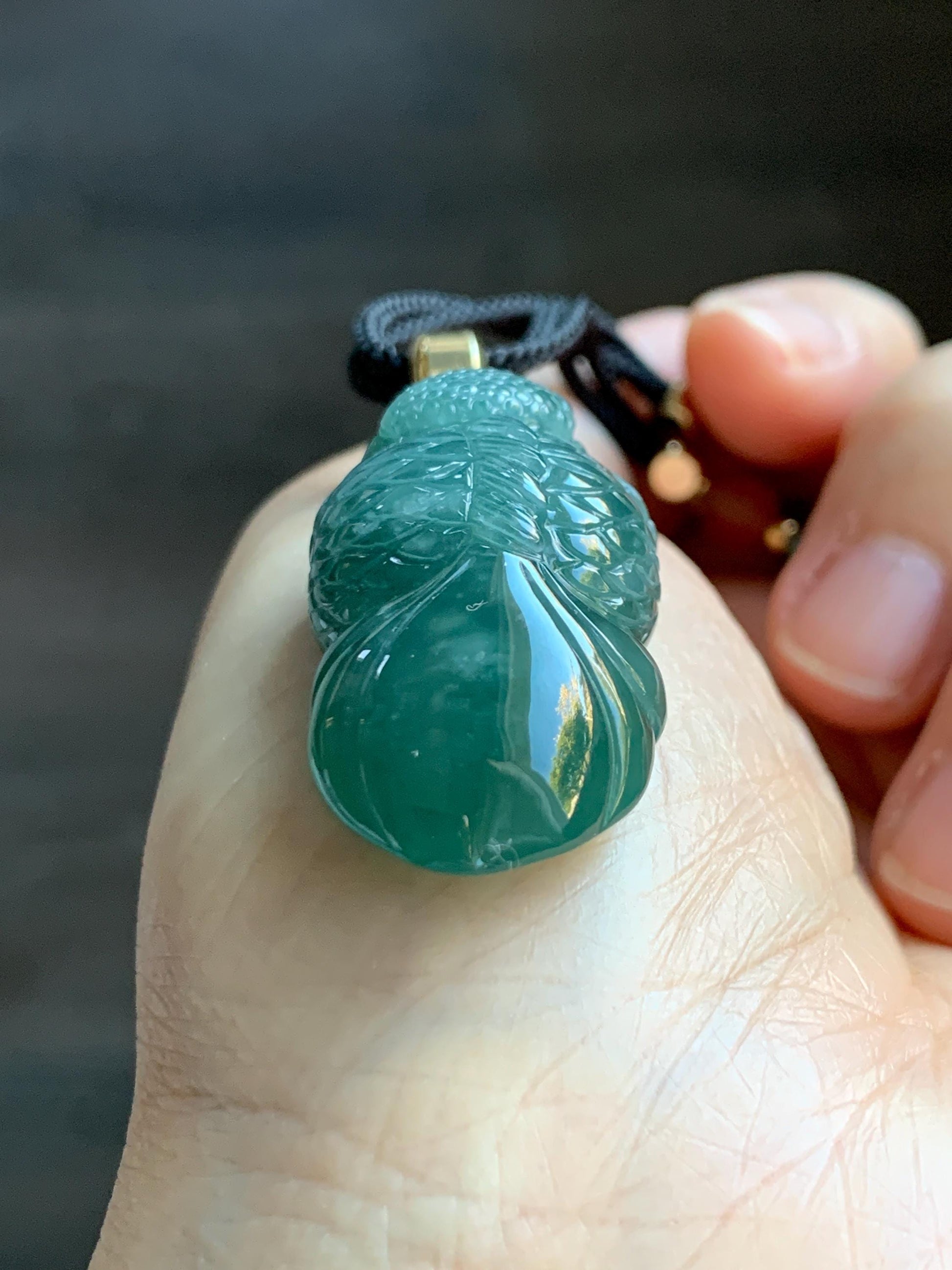 Natural Grade A Guatemalan Icy Translucent Dark Teal Blue Jade Jadeite Carved Goldfish Pendant Rope Necklace 25" 19g 天然冰危蓝水翡翠精工金鱼吊坠 WJY161