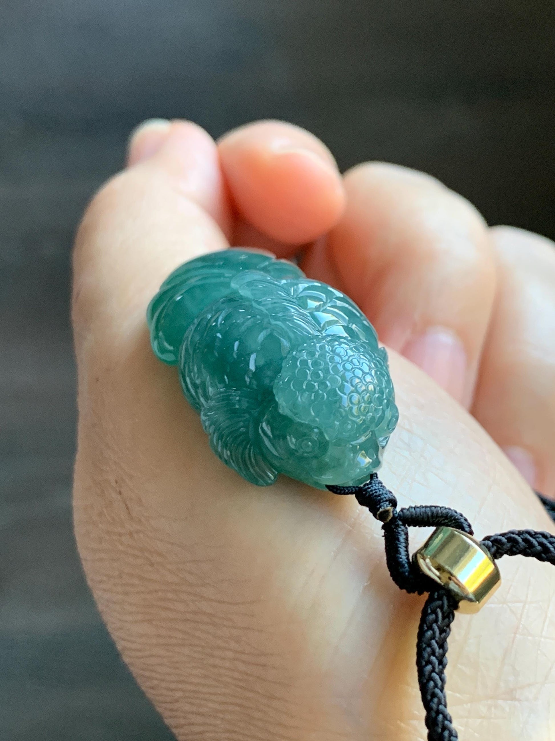 Natural Grade A Guatemalan Icy Translucent Dark Teal Blue Jade Jadeite Carved Goldfish Pendant Rope Necklace 25" 19g 天然冰危蓝水翡翠精工金鱼吊坠 WJY161