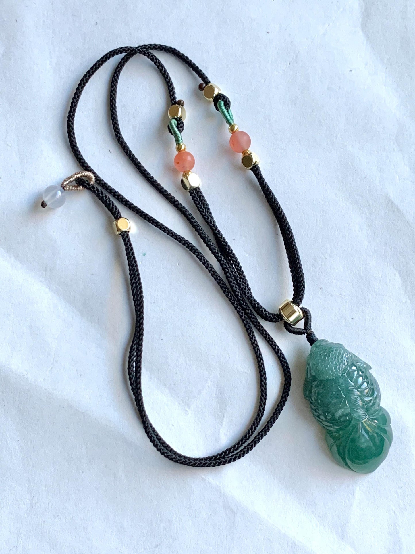 Natural Grade A Guatemalan Icy Translucent Dark Teal Blue Jade Jadeite Carved Goldfish Pendant Rope Necklace 25" 19g 天然冰危蓝水翡翠精工金鱼吊坠 WJY161