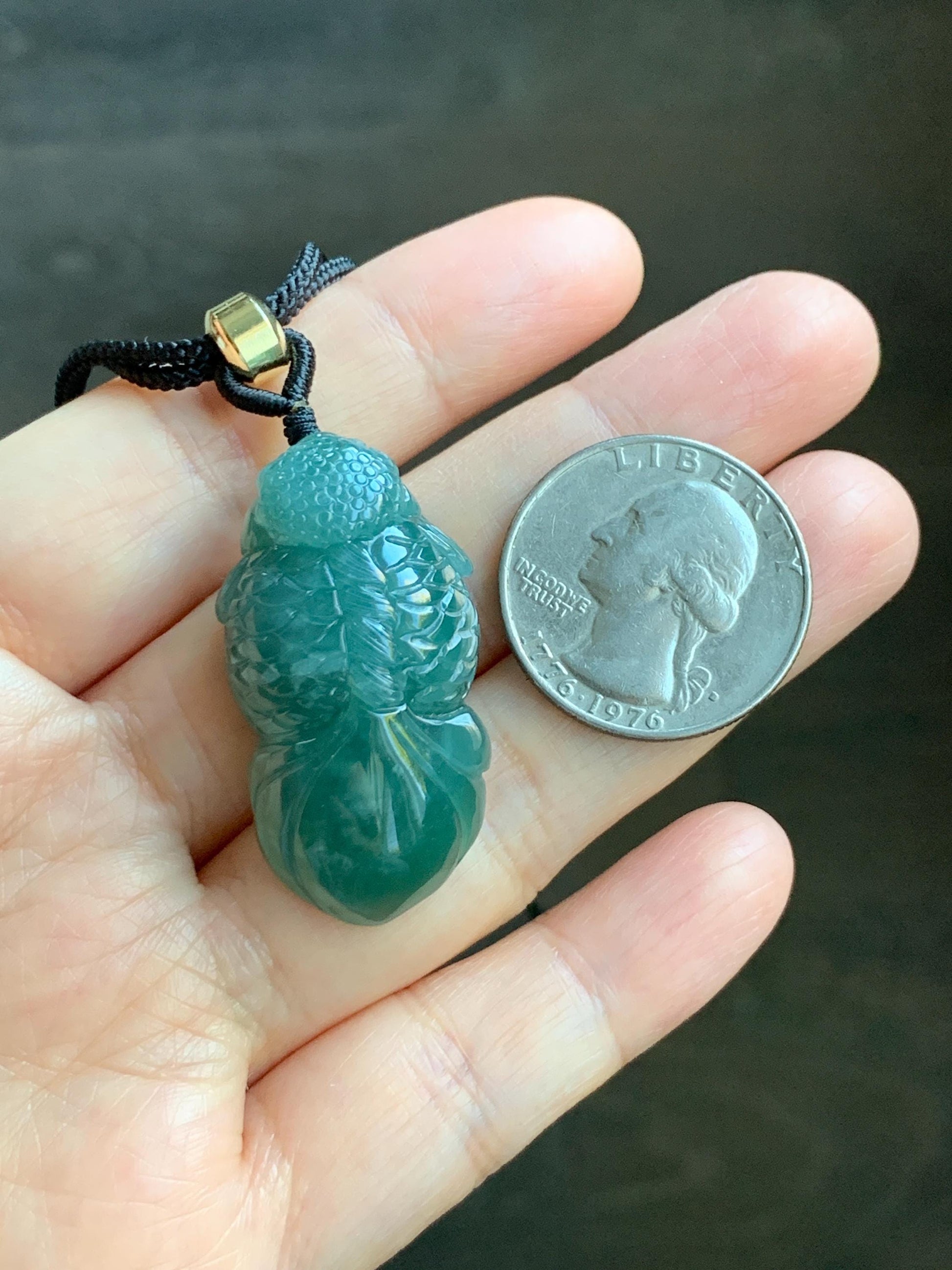 Natural Grade A Guatemalan Icy Translucent Dark Teal Blue Jade Jadeite Carved Goldfish Pendant Rope Necklace 25" 19g 天然冰危蓝水翡翠精工金鱼吊坠 WJY161