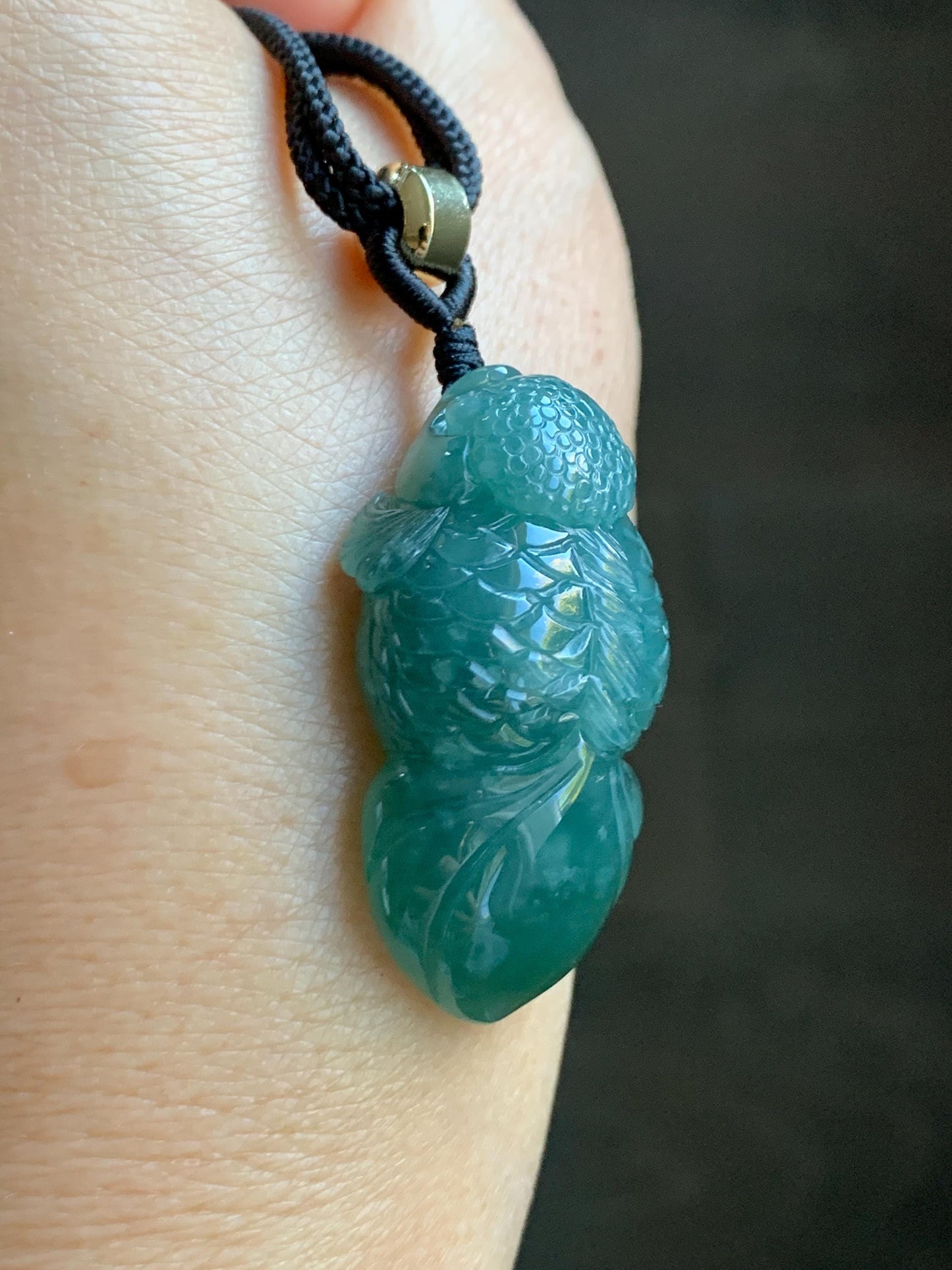 Natural Grade A Guatemalan Icy Translucent Dark Teal Blue Jade Jadeite Carved Goldfish Pendant Rope Necklace 25" 19g 天然冰危蓝水翡翠精工金鱼吊坠 WJY161