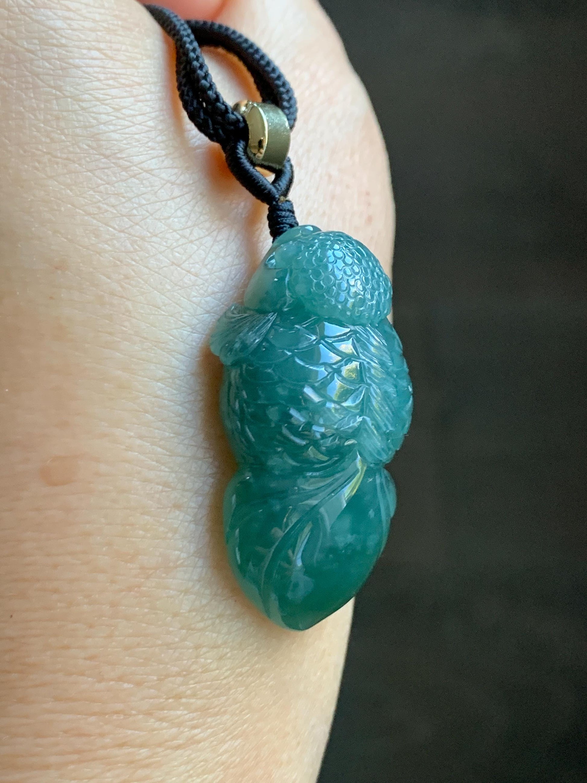 Natural Grade A Guatemalan Icy Translucent Dark Teal Blue Jade Jadeite Carved Goldfish Pendant Rope Necklace 25" 19g 天然冰危蓝水翡翠精工金鱼吊坠 WJY161
