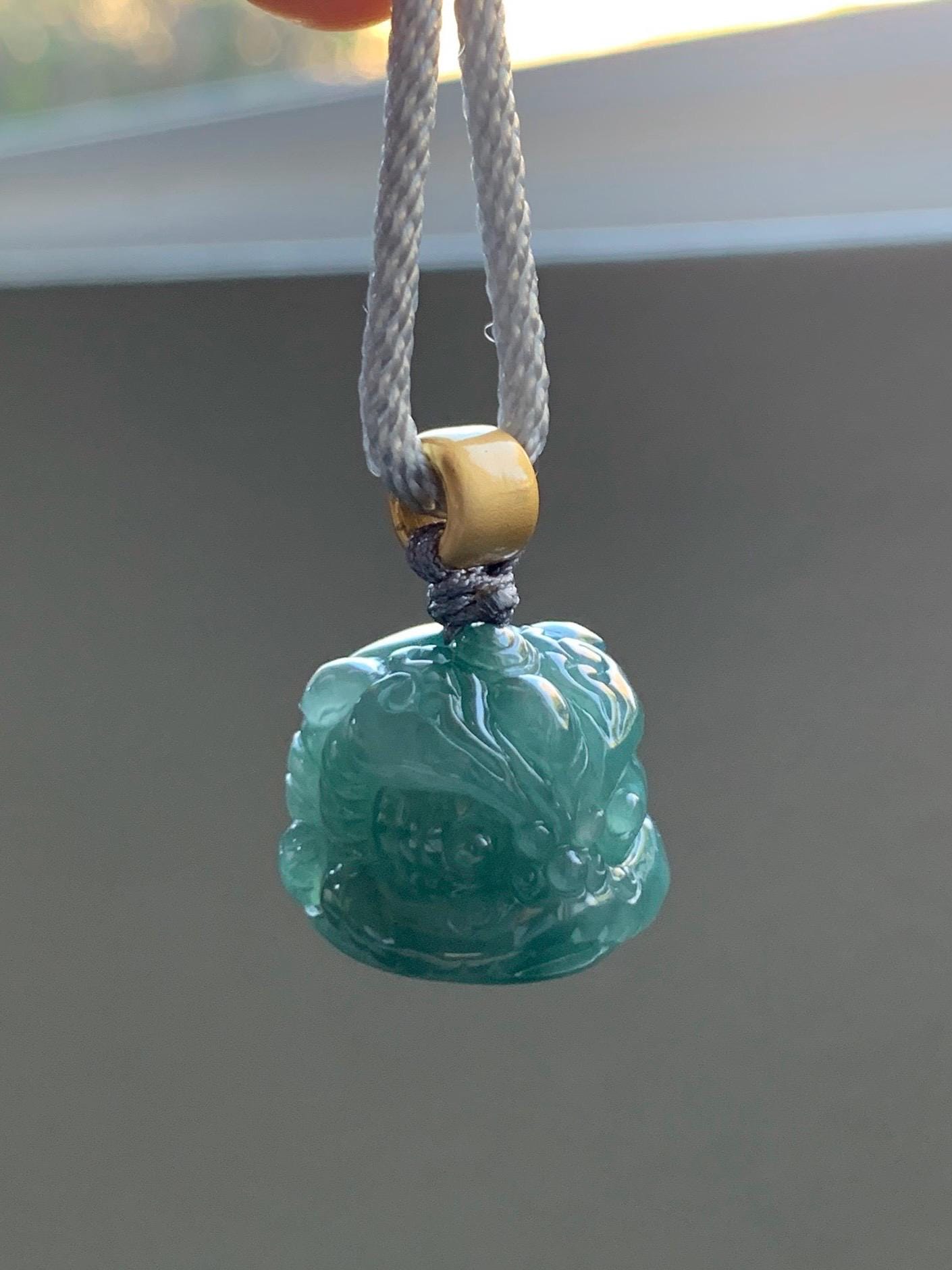 Natural Grade A Guatemalan Icy Translucent Dark Teal Blue Jade Jadeite Dancing Lion Pendant Rope Necklace 26” 14g 天然冰危深蓝绿翡翠醒狮吊坠 XSH140B