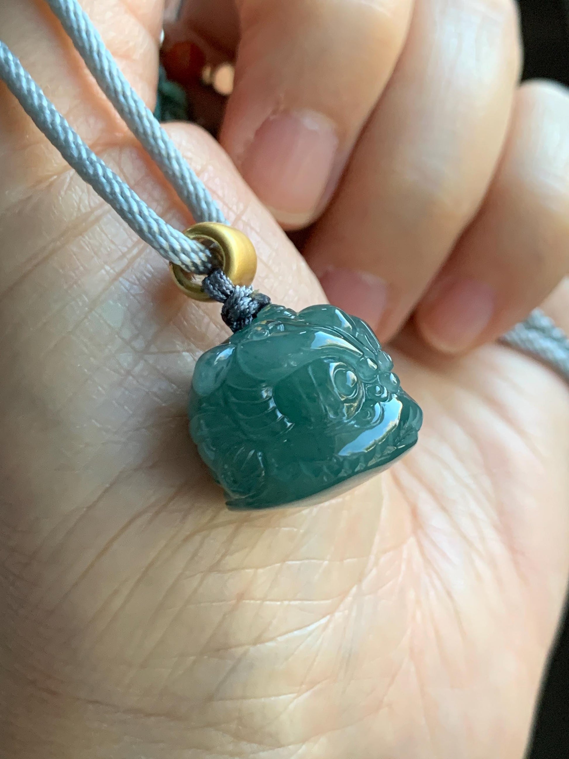 Natural Grade A Guatemalan Icy Translucent Dark Teal Blue Jade Jadeite Dancing Lion Pendant Rope Necklace 26” 14g 天然冰危深蓝绿翡翠醒狮吊坠 XSH140B