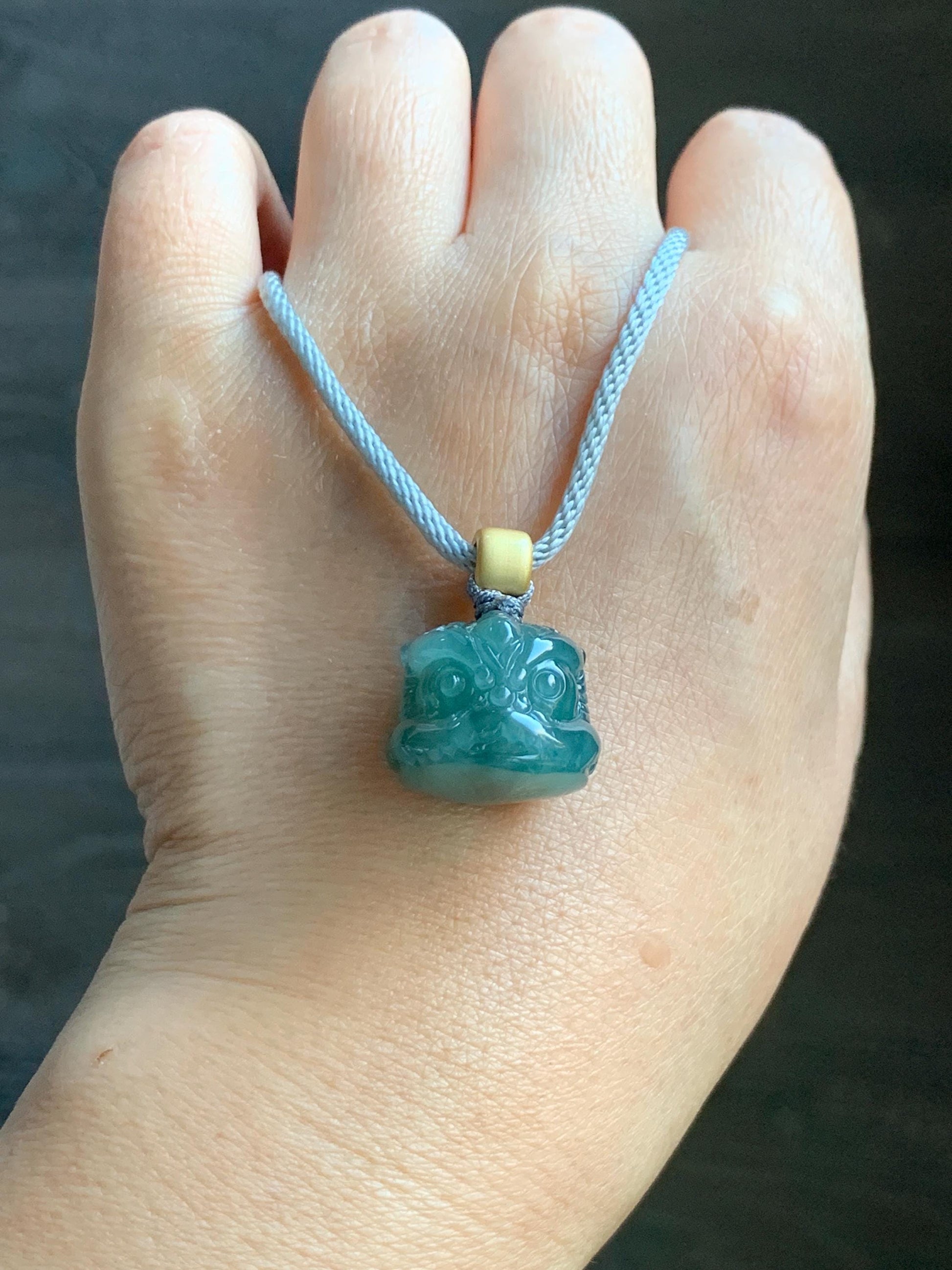 Natural Grade A Guatemalan Icy Translucent Dark Teal Blue Jade Jadeite Dancing Lion Pendant Rope Necklace 26” 14g 天然冰危深蓝绿翡翠醒狮吊坠 XSH140B