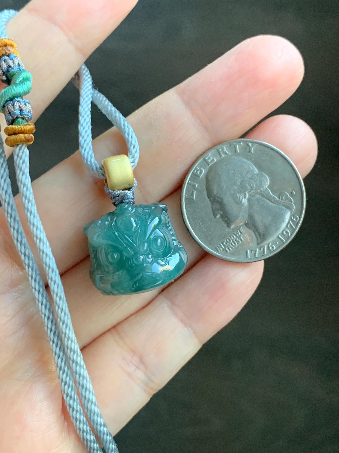 Natural Grade A Guatemalan Icy Translucent Dark Teal Blue Jade Jadeite Dancing Lion Pendant Rope Necklace 26” 14g 天然冰危深蓝绿翡翠醒狮吊坠 XSH140B