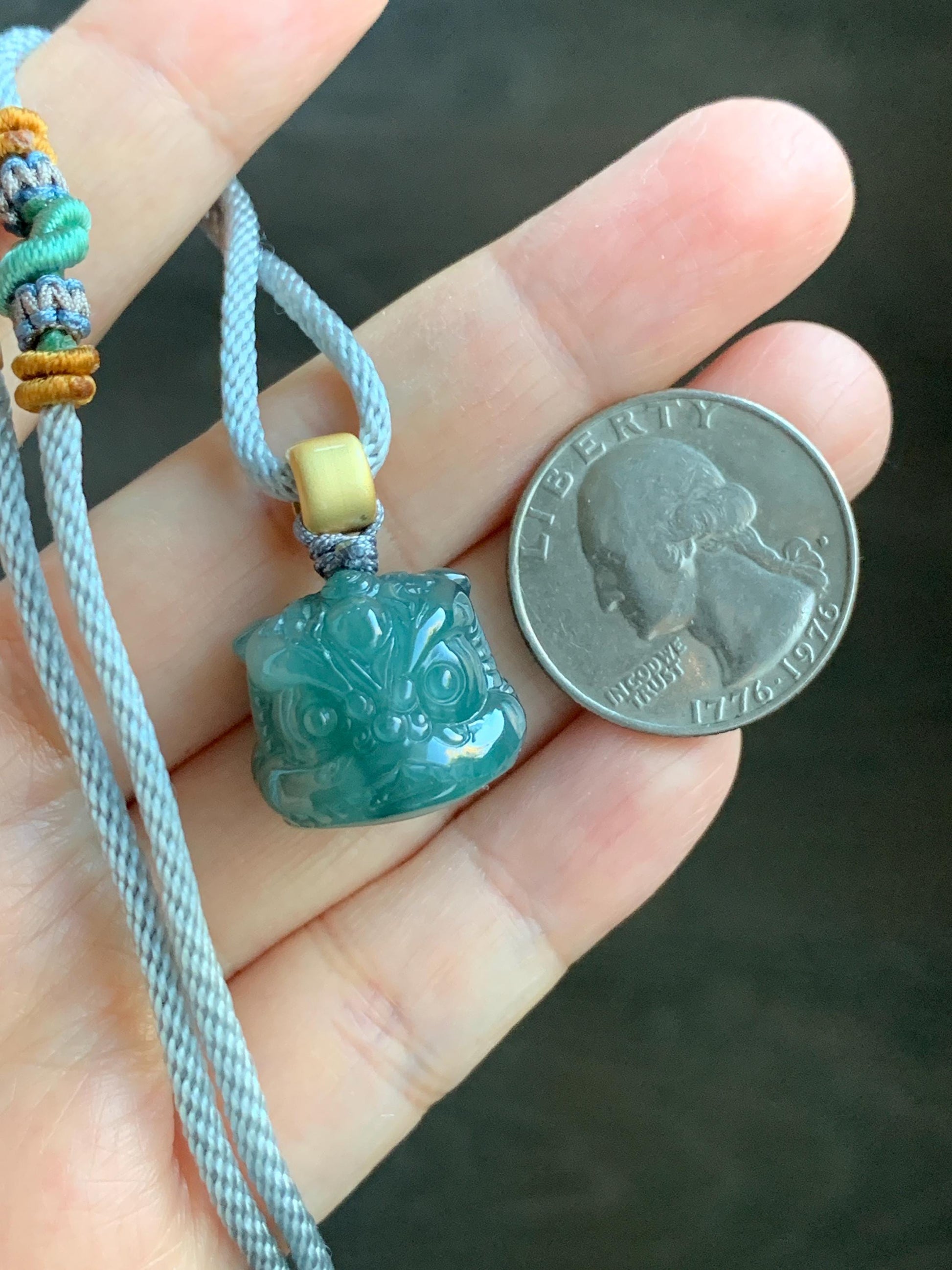 Natural Grade A Guatemalan Icy Translucent Dark Teal Blue Jade Jadeite Dancing Lion Pendant Rope Necklace 26” 14g 天然冰危深蓝绿翡翠醒狮吊坠 XSH140B