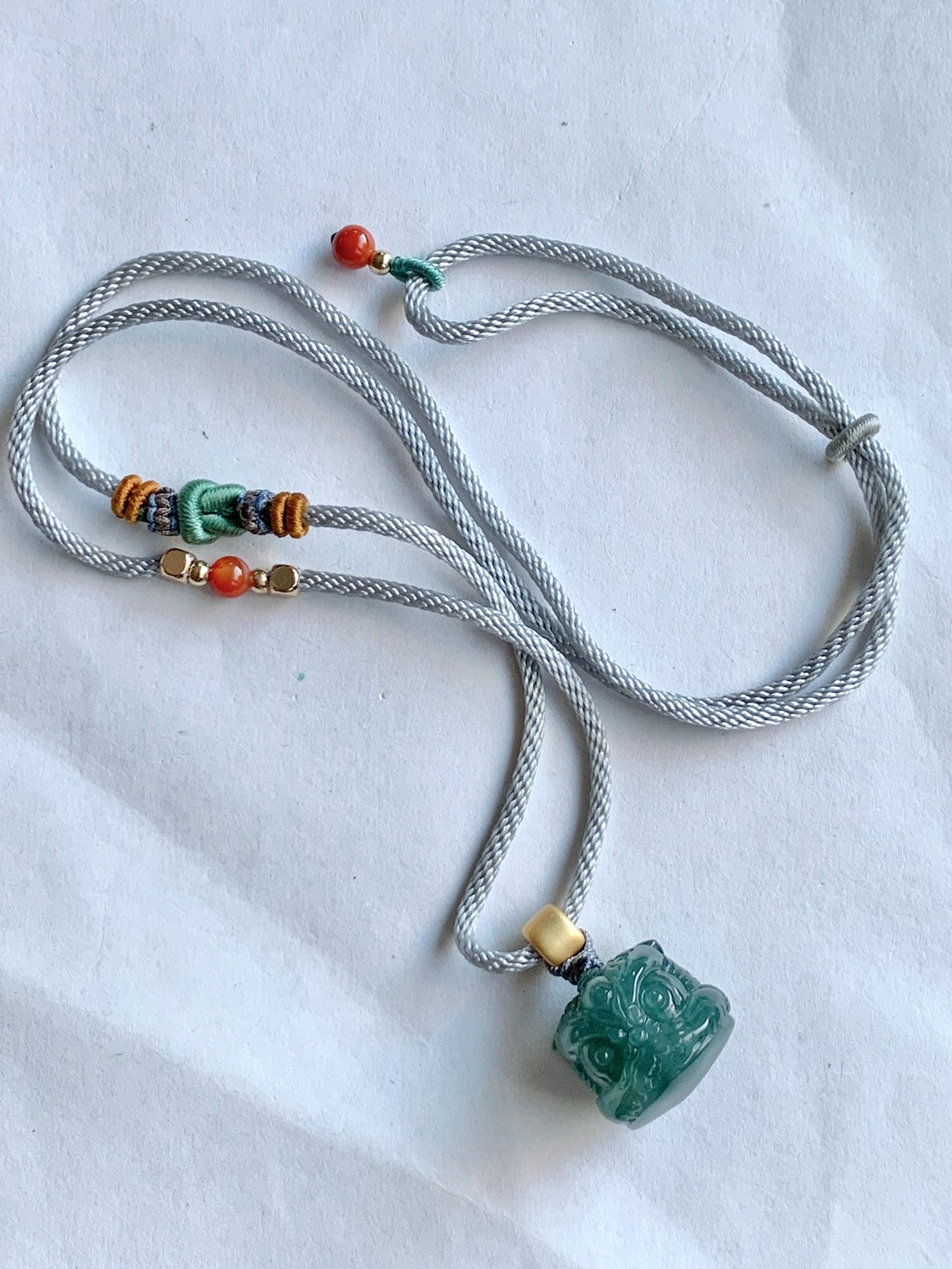 Natural Grade A Guatemalan Icy Translucent Dark Teal Blue Jade Jadeite Dancing Lion Pendant Rope Necklace 26” 14g 天然冰危深蓝绿翡翠醒狮吊坠 XSH140B